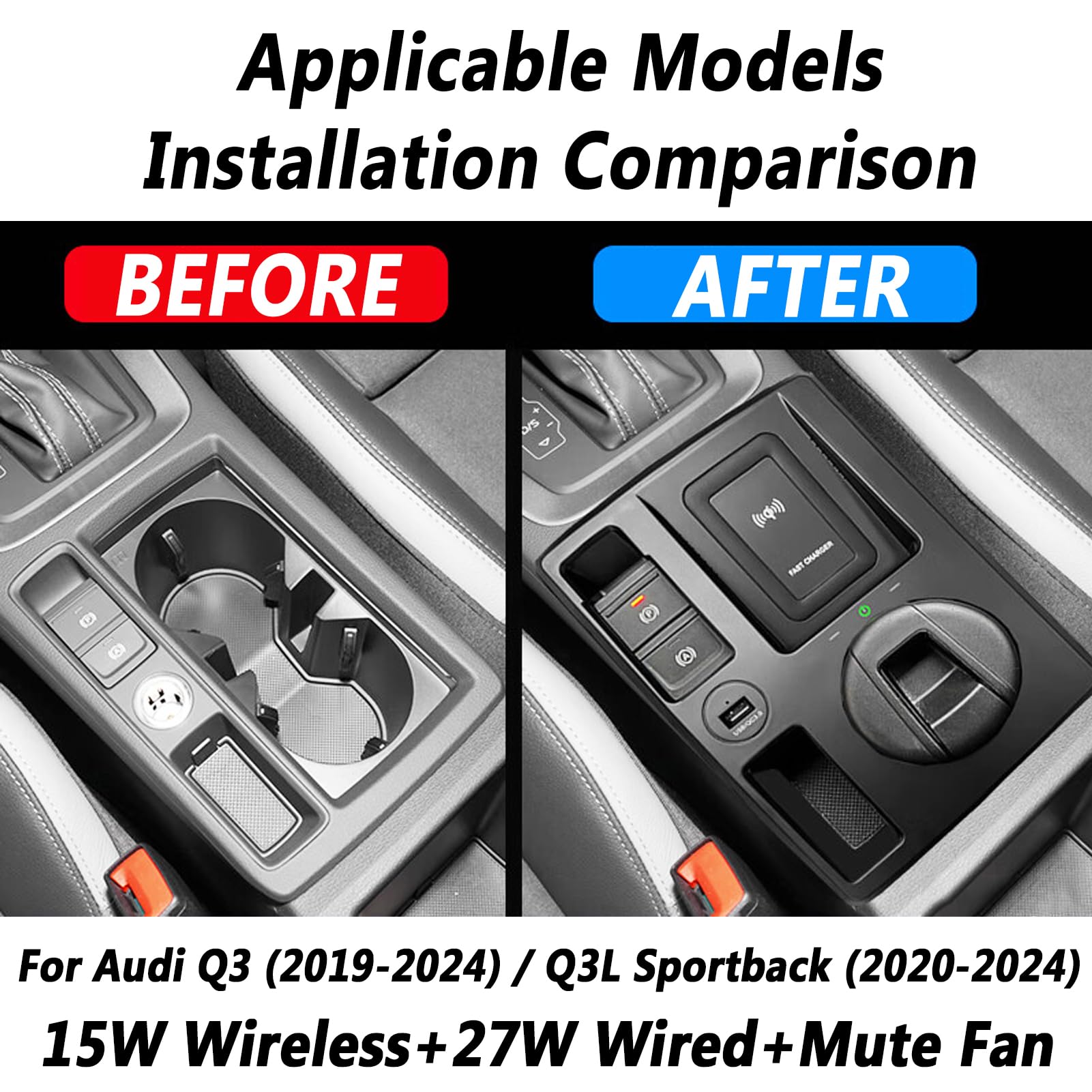 Nuovo Caricabatterie Wireless per Auto,per Audi Q3(2019-2024) Q3L Sportback(2020 2021 2022 2023 2024),Tappetino di Ricarica Wireless Veloce per Telefono da 15W