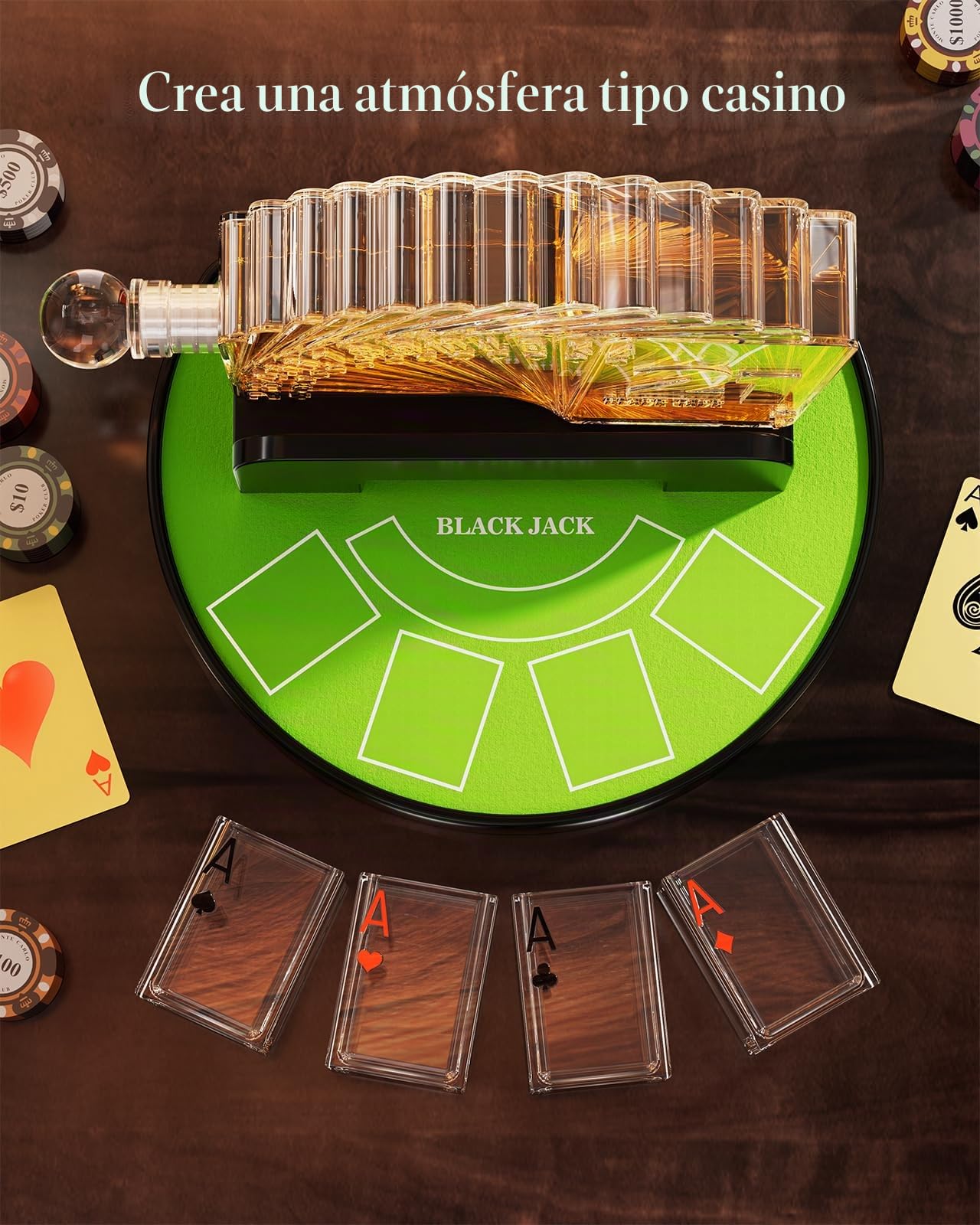 Kollea Juego de decantador de whisky Blackjack, decantador estilo casino de 38 onzas con 4 vasos, dispensador de licor, divertidos regalos de cumpleaños para hombres, papá, él, novio, artículos