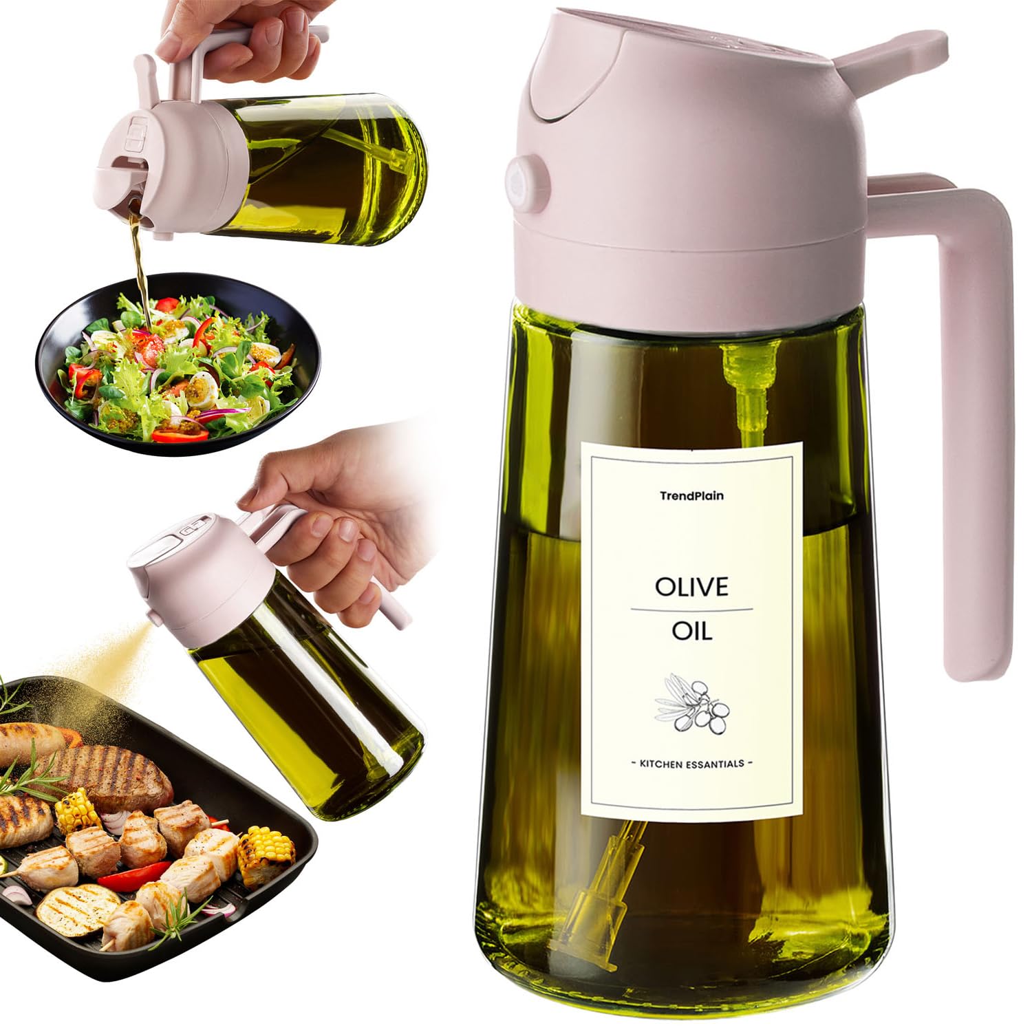 TrendPlain 470ml Olive Oil Spray Bottle - 2 in 1 Olive Oil Dispenser Bottle for Kitchen Accessories - Kitchen Gadgets, For Air Fryer - with Stickers, Light Blocking - Peach
