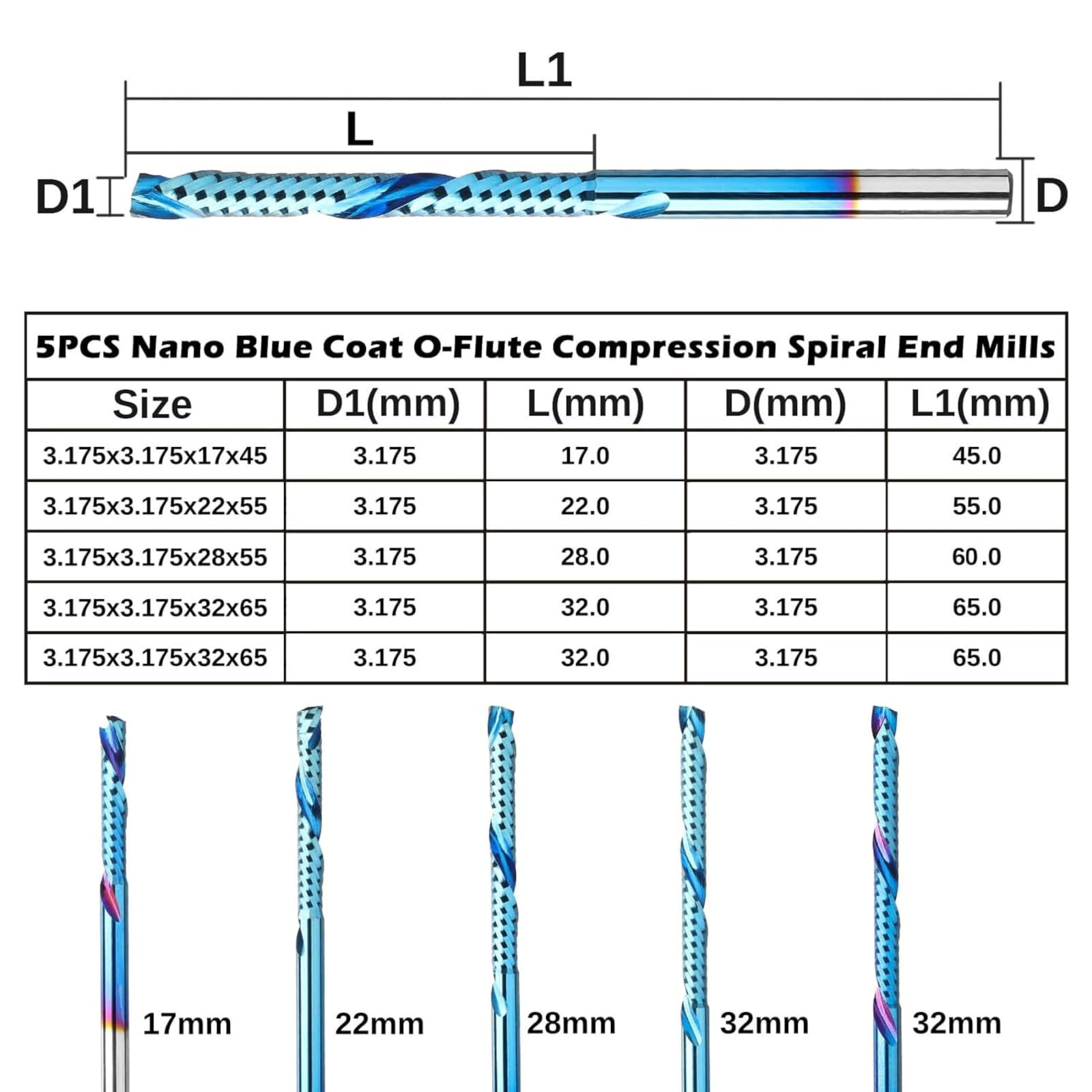 Genmitsu Chwyt 1/8 cala, 5 szt., spiralne frezy z węglika spiekanego w górę i w dół, frezy CNC, nano niebieski płaszcz frezy CNC do drewna, akrylu, PCB, MDF, OC05A