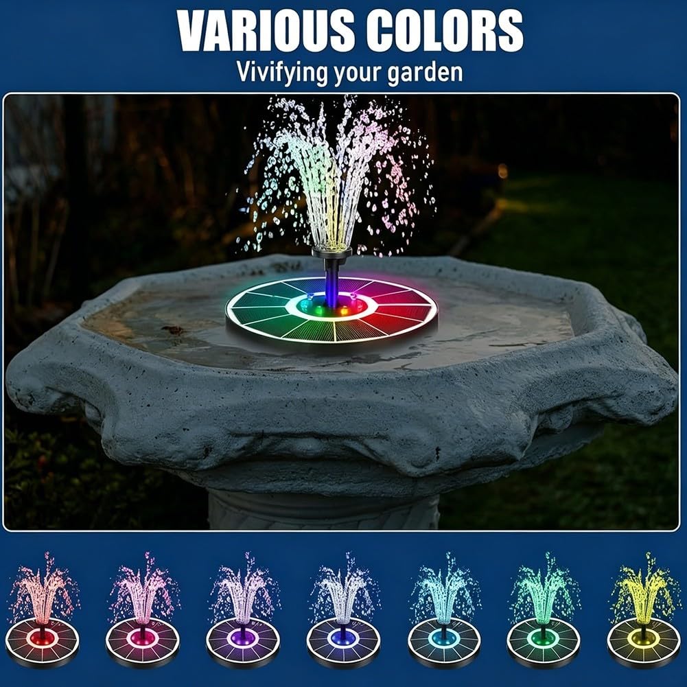 Fontana ad acqua solare con luci LED, 3 W, fontana per uccelli a energia solare con 8 luci RGB che cambiano colore, fontana da giardino da 16 cm con 3 ugelli per laghetto e patio (ugello nero)