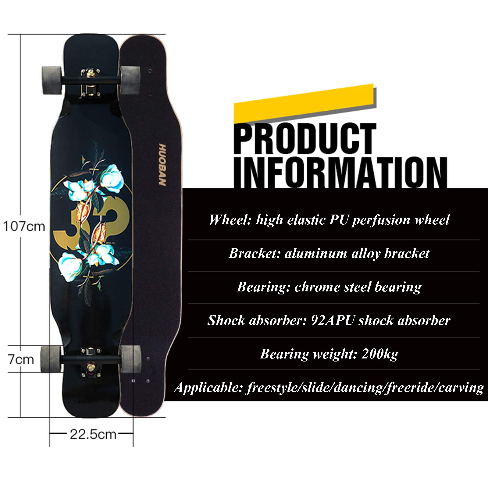 Longboard Cruiser Skateboard Complet 7 Couches Deck 42"x8.9" Skate Board en Bois d'érable Longboards pour Adultes Adolescents Jeunes débutants Filles garçons, pour croisière,
