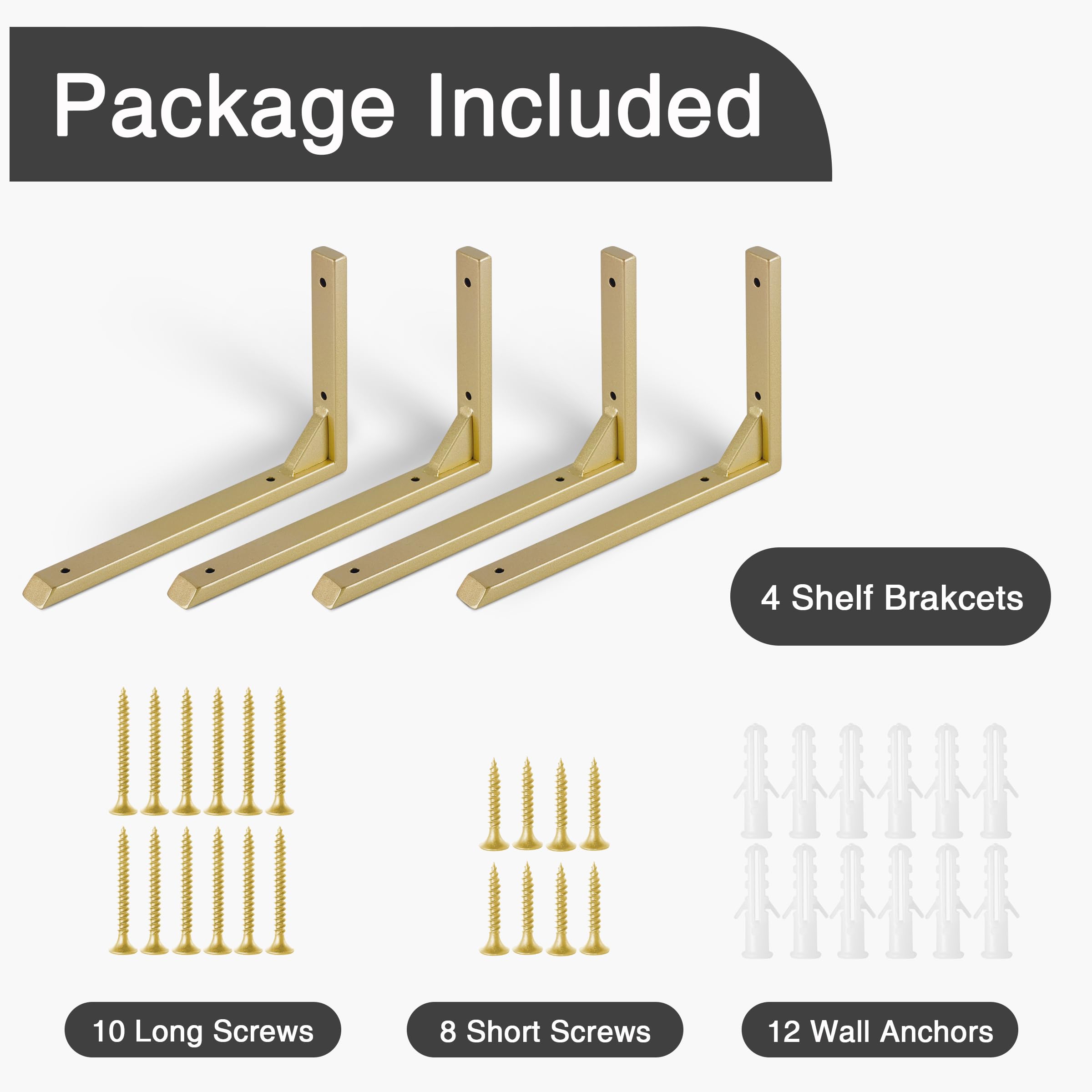 Soportes de estante resistentes de 10 pulgadas, paquete de 4 soportes de hierro dorado para estantes, soportes triangulares resistentes con tornillos para estantería de cocina (dorado)