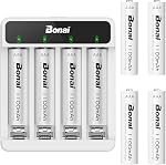 BONAI 1.8cm Ultra Slim AA AAA Battery Charger with 4X 2800mAh Rechargeable Batteries AA, Space-Saving Design, White
