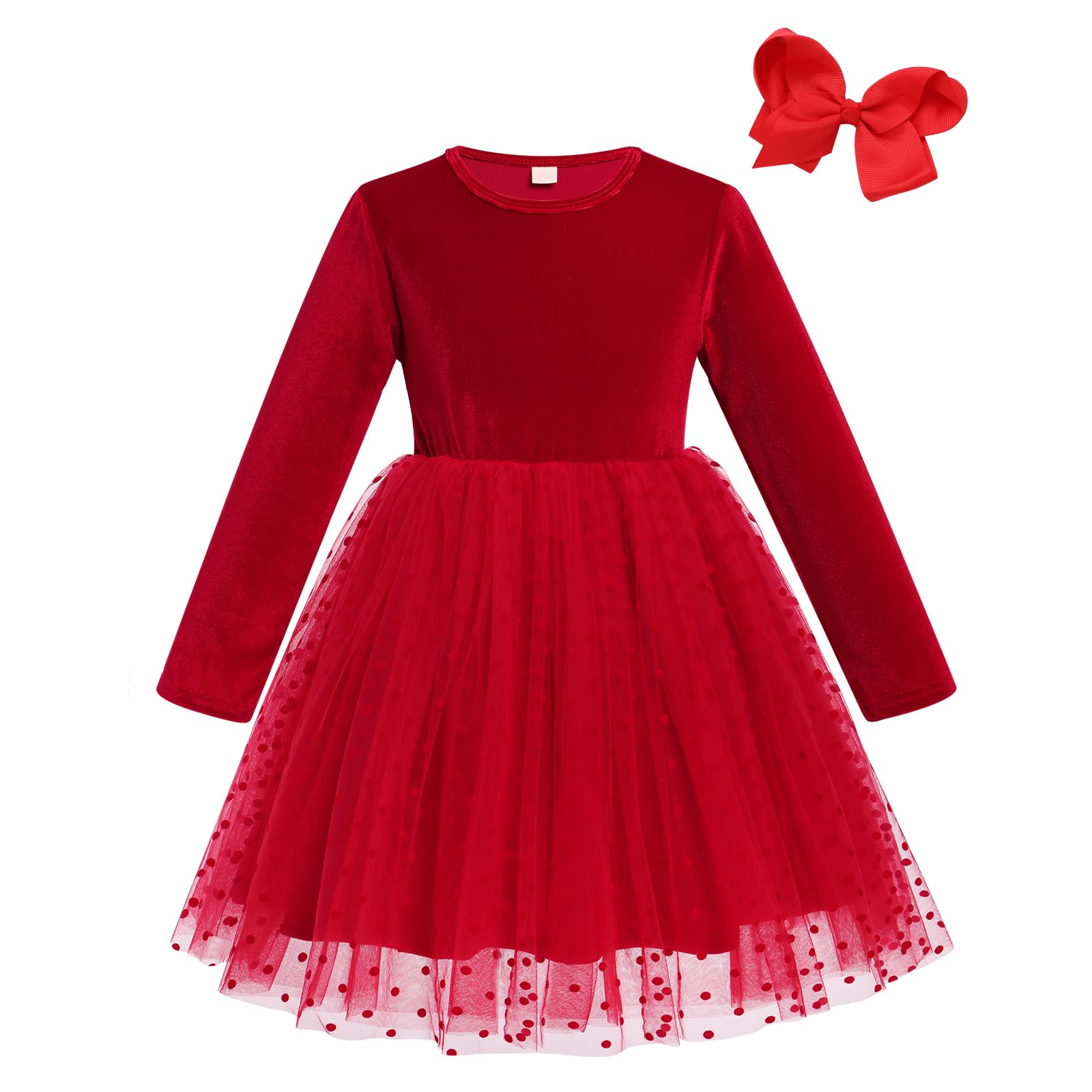 IDOPIP Toddler Baby Girls Velvet Dress Headband Outfit Sequin Tulle Tutu Long Sleeve Christmas Birthday Party Dresses Kids Flower Girl Wedding Communion Gown Fall Winter Clothes Red 3-4 Years