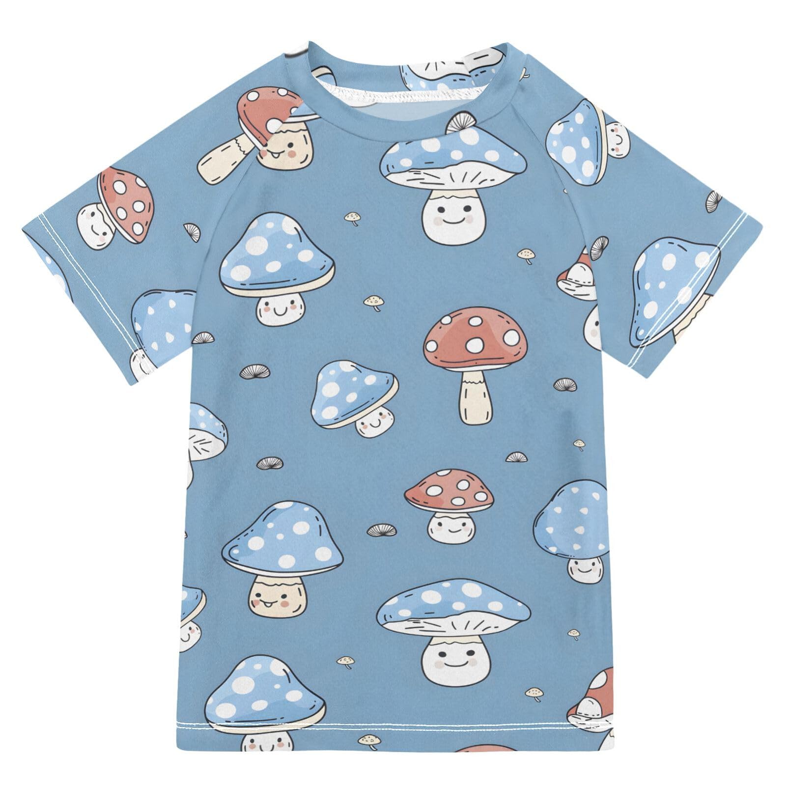 ALAZA Boys Rash Guard Swimming Shirt for Boys Short Sleeve Mushrooms Cartoon Blue UPF 50+ 5-6T