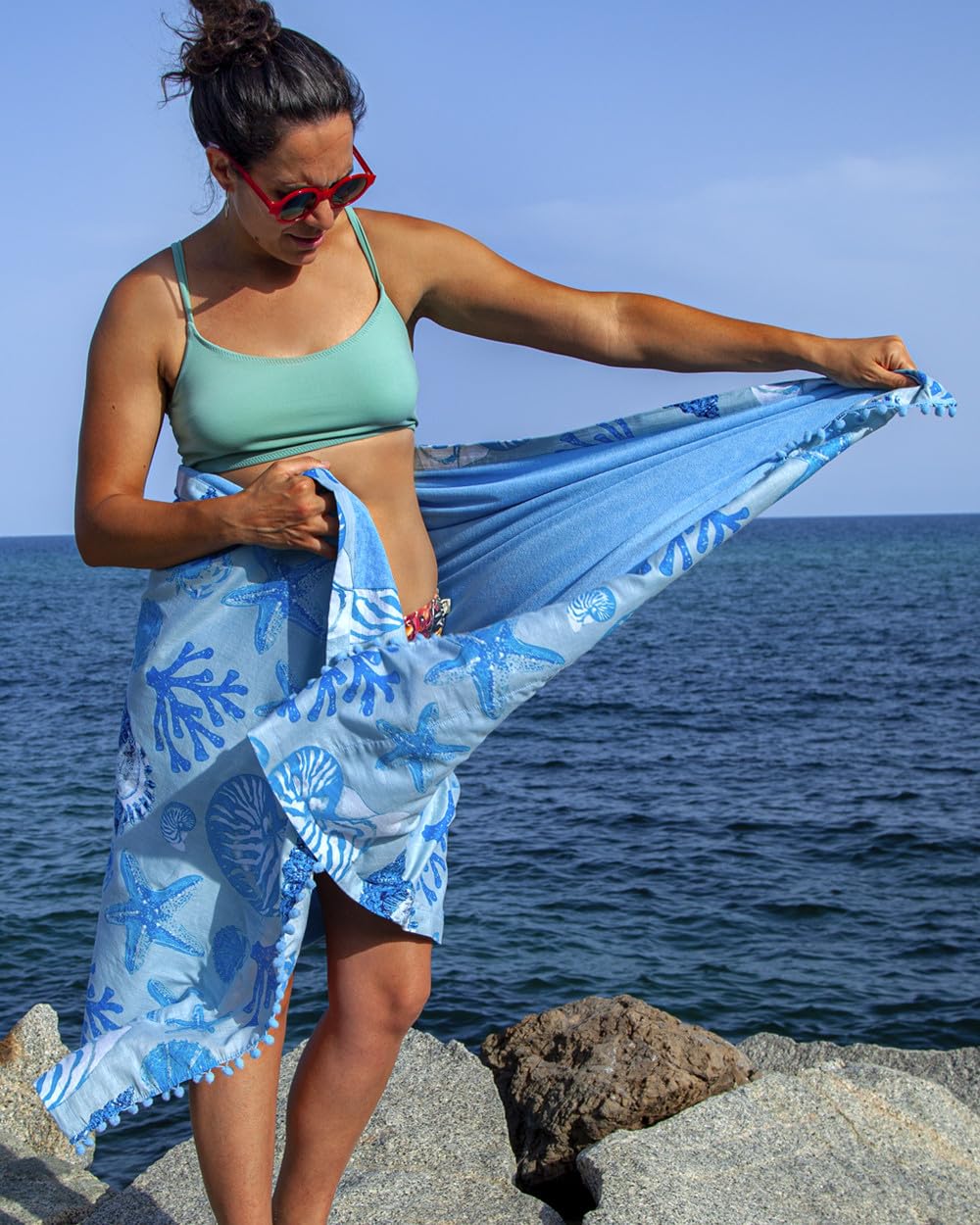 SUN & SURF - Pareo Con Rizo (90x170 Cm), Mezcla Algodón-poliéster, Estampado Nautilus Celeste