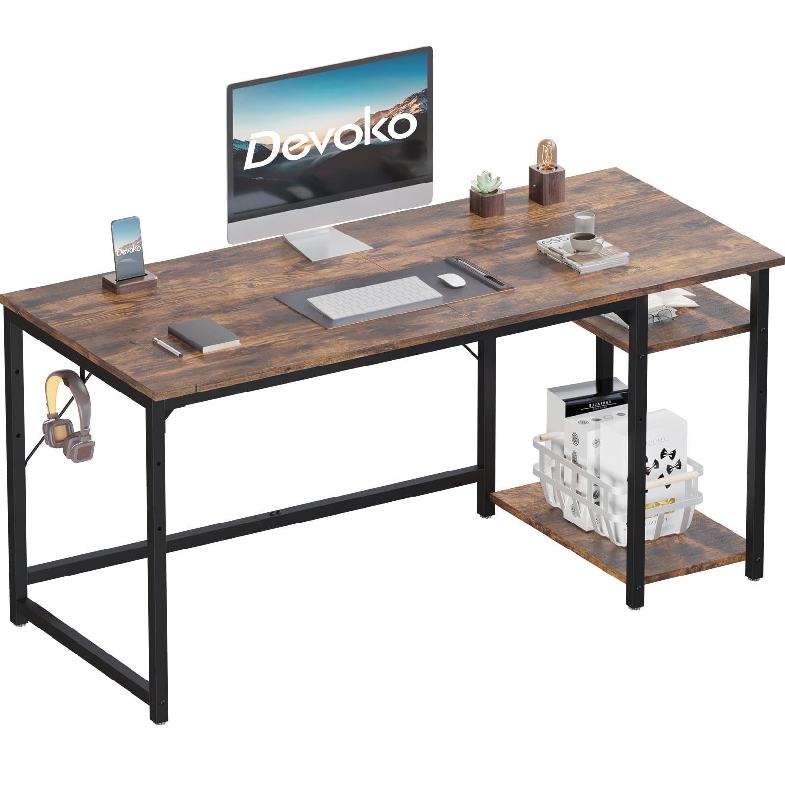 Devoko Scrivania Per Computer Industriale 140 x 50 cm, 2 Ripiani Regolabili Sinistra/Destra in Acciaio, Tavolo da Lavoro Mobile per Ufficio Casa Stile Vintage Marrone & Nero