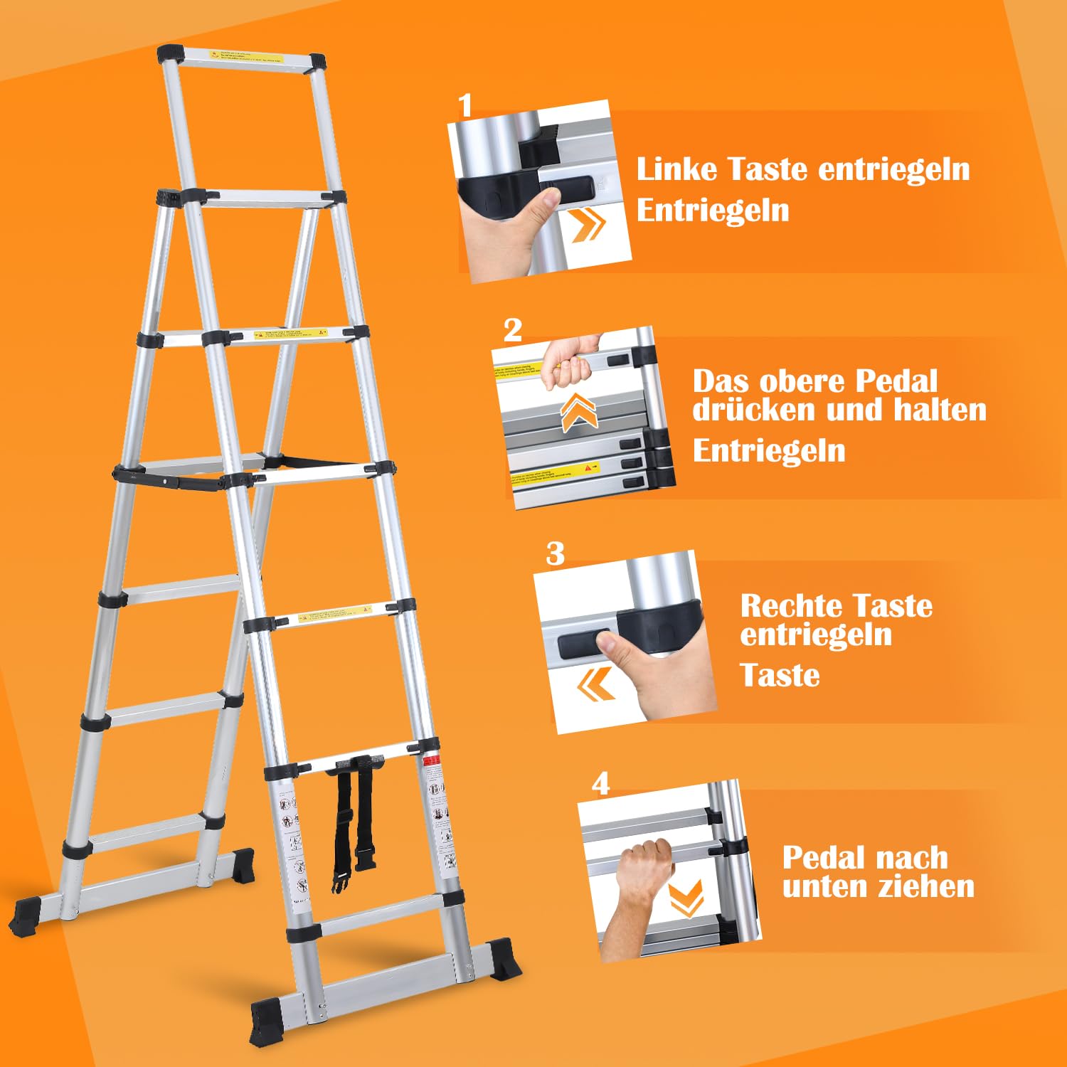 Eulenke Scala telescopica 2 m + 2, 3 m, scala alluminio 6 + 7 gradini A, scala retrattile con barra di bilanciamento portata 150 kg, scala pieghevole, scala allungabile argento