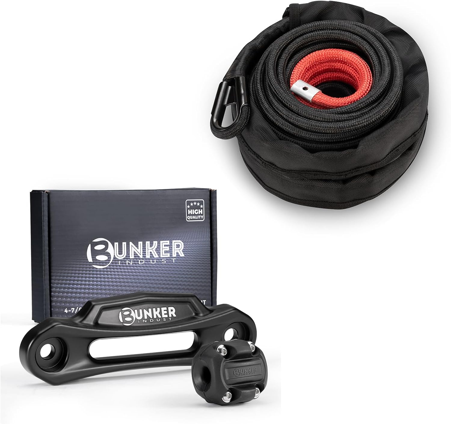 BUNKER INDUST Winch Hawse Fairlead with Winch Cable Hook Stopper + Synthetic Winch Rope 3/8" x 85'