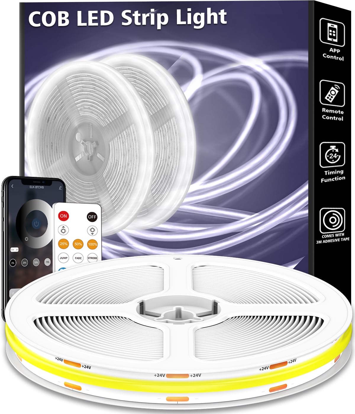 LETIANPAI White COB Light Strip 15M, Dimmable White LED Strip, Bright 6500K Daylight Color, Cuttable, Adhesive, Flexible Strip for Mirrors, Under Cabinets