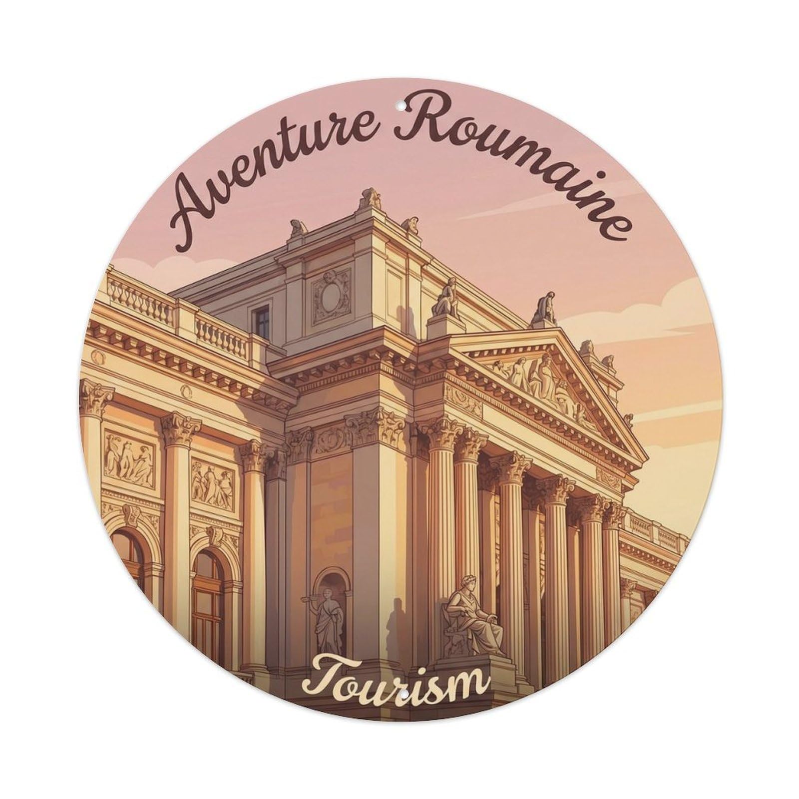 Romanian Architecture Destination Scenery Tourism Landmark Metal Tin Sign Plaque Wall Decor for Cafe, Man Cave, Club Bar, Office, Home Garden Round Metal Poster 8x8Inch