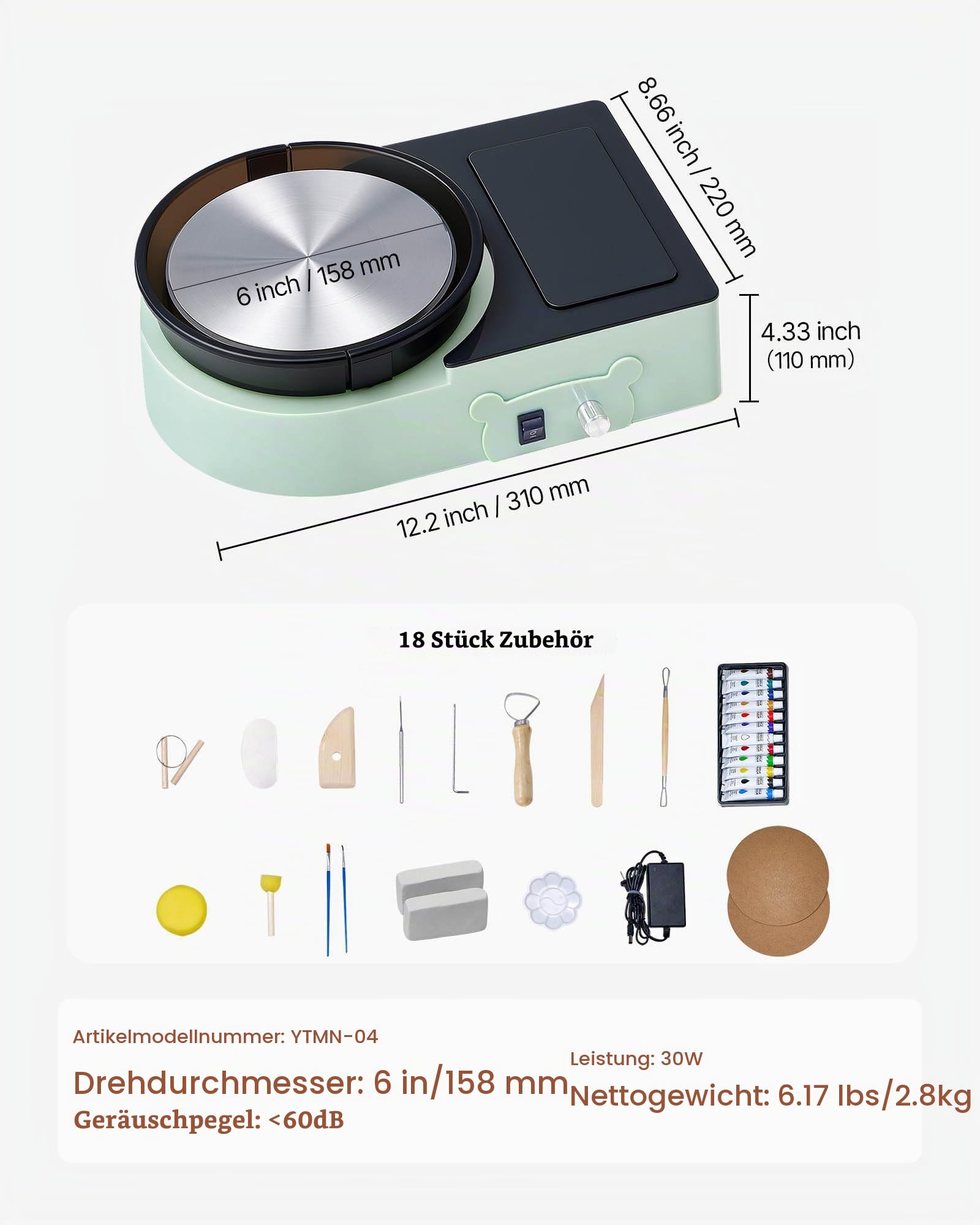 VEVOR Mini Töpferscheibe Maschine 158 mm Drehteller mit einstellbarer Rotationsgeschwindigkeit, elektrische Tonscheibe mit Tonformungswerkzeugen, geeignet für Heimwerken Töpferkurse, Grün