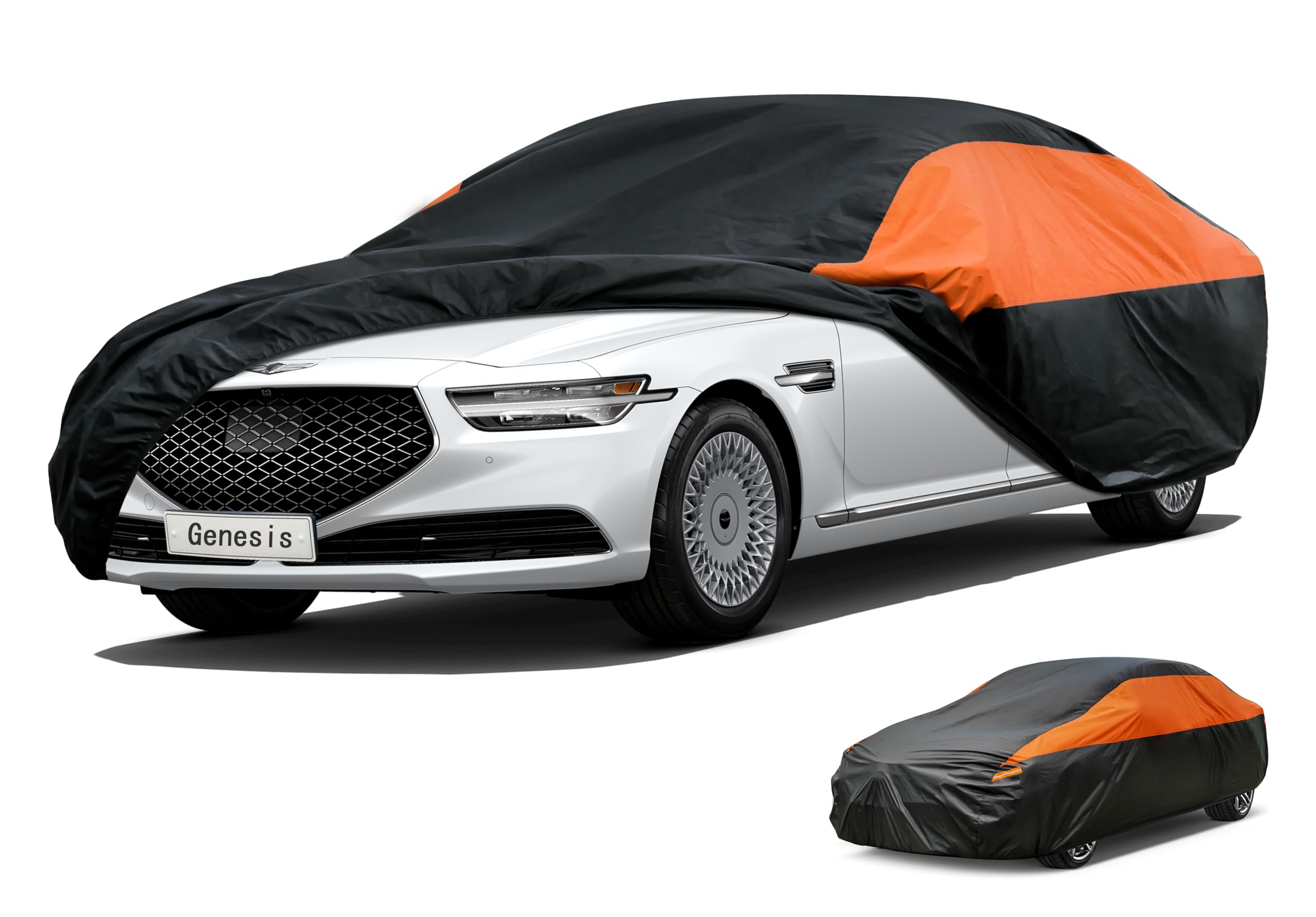 GUNHYI Waterproof Sedan Full Car Cover Custom Fit Hyundai Genesis | All‑weather Outdoor sun/rain/dust/snow/wind/UV protection, breathable lightweight fabric, black‑orange design,storage bag