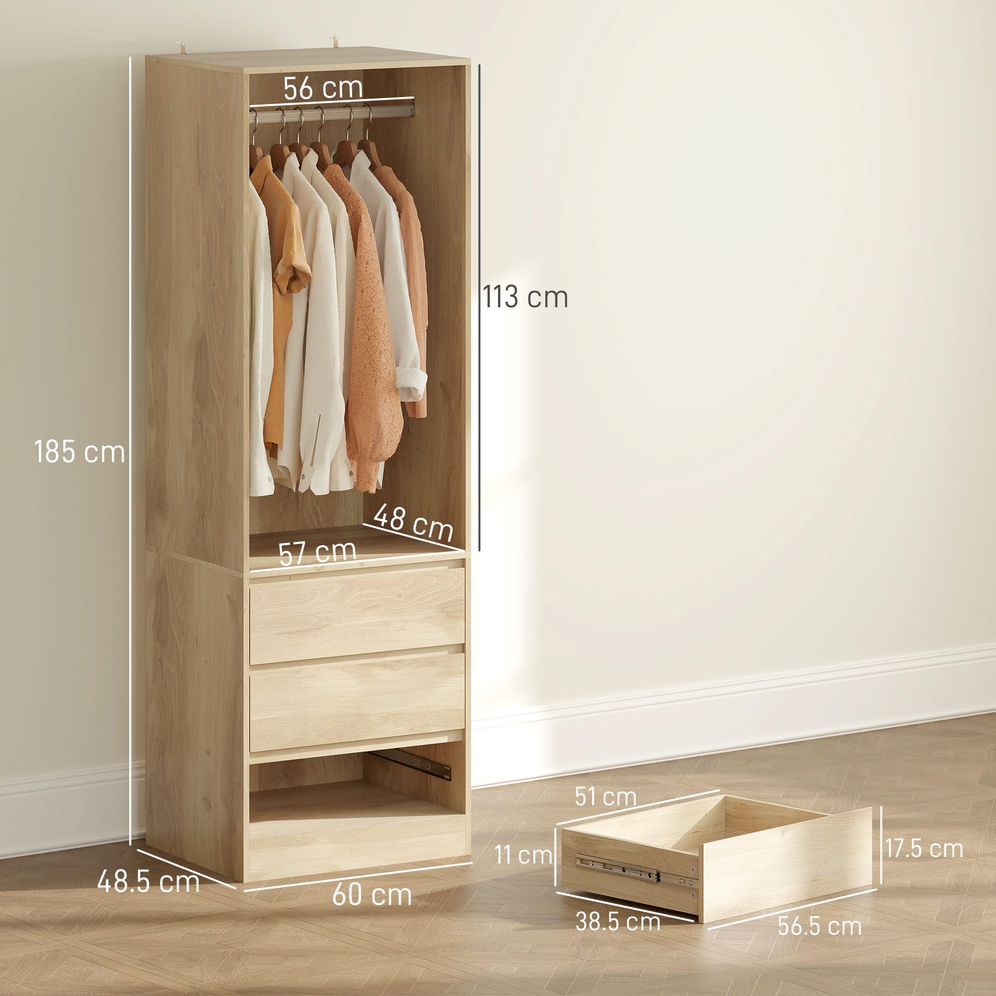 HOMCOM Armadio Guardaroba Salvaspazio con Asta Appendiabiti, Ripiano Aperto e 3 Cassetti, Armadio Camera da Letto, Mobile Guardaroba, 60x48.5x185 cm, Color Teak