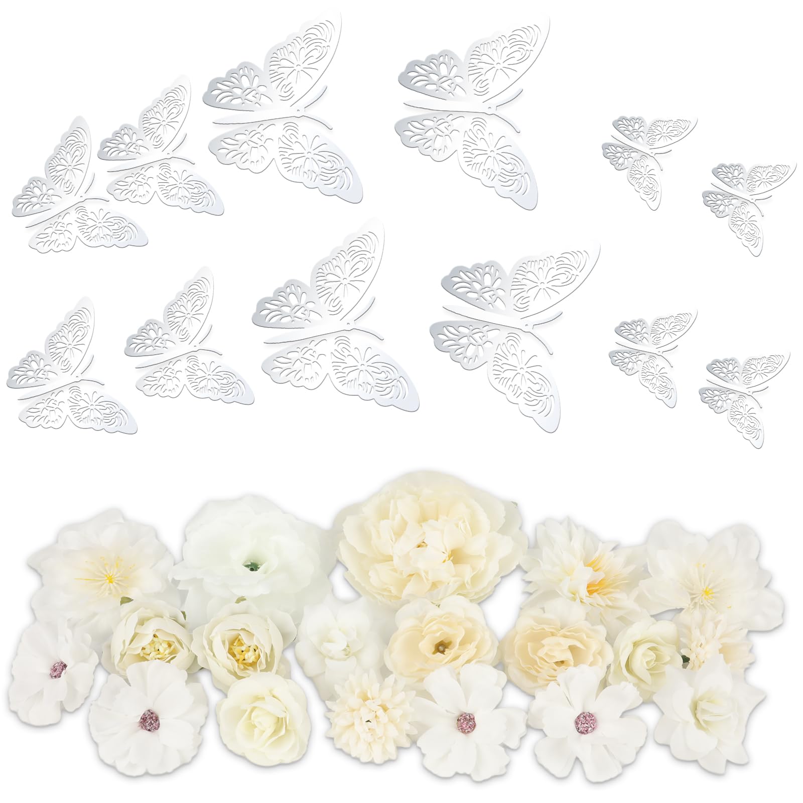 MWOOT Fiori Artificiali Assortiti, Teste di Rose Finte per Bouquet da sposa Centrotavola Cappello da Laurea Decorazione, Set di Fiori Finti Rosso con Adesivi a Farfalla