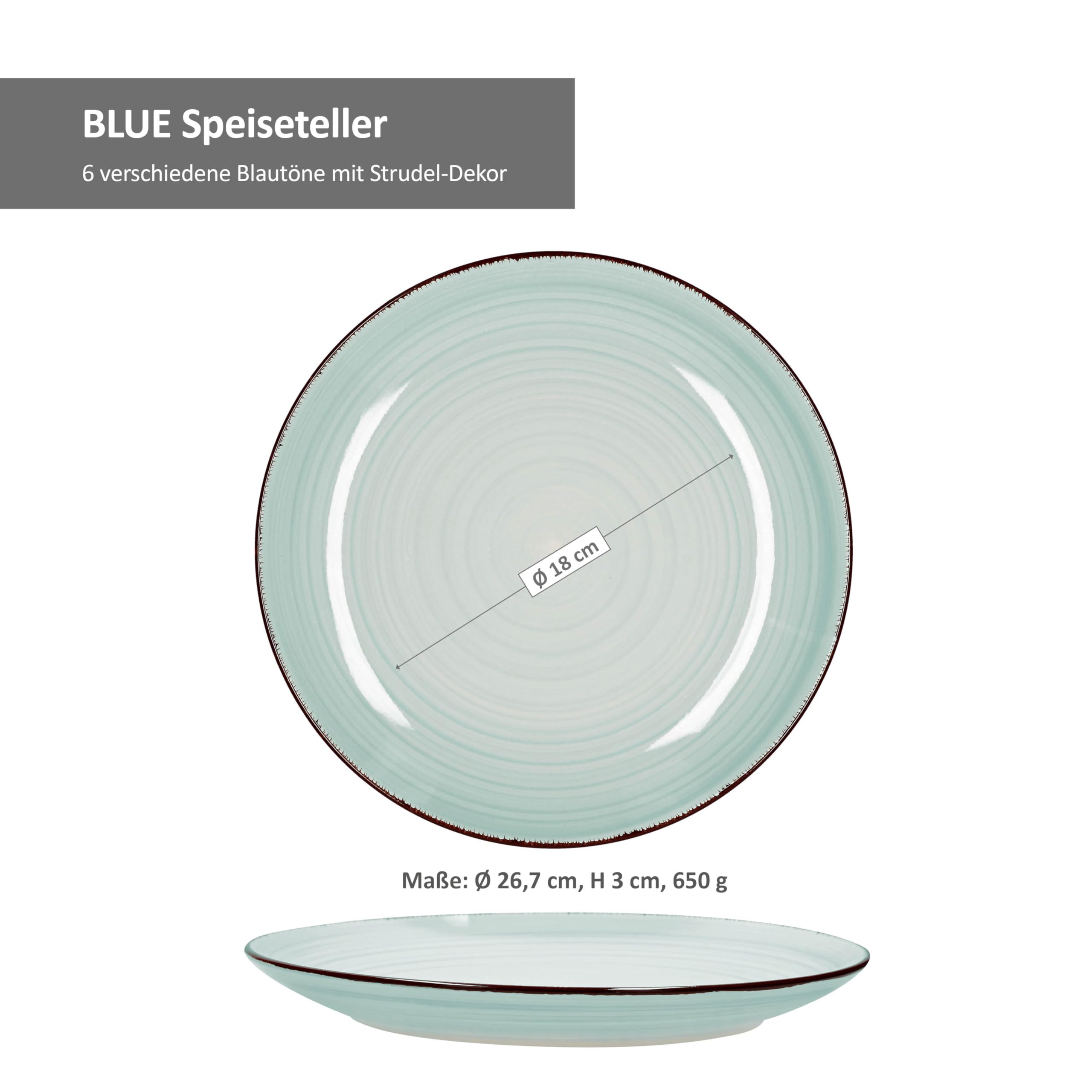 MamboCat Blue 6 x soepborden blauw, robuust blauw aardewerk servies voor 6 personen, 6-delige diepe bordenset met modern strudeldecor in leuke blauwtinten, blauwe borden, diep 6 stuks