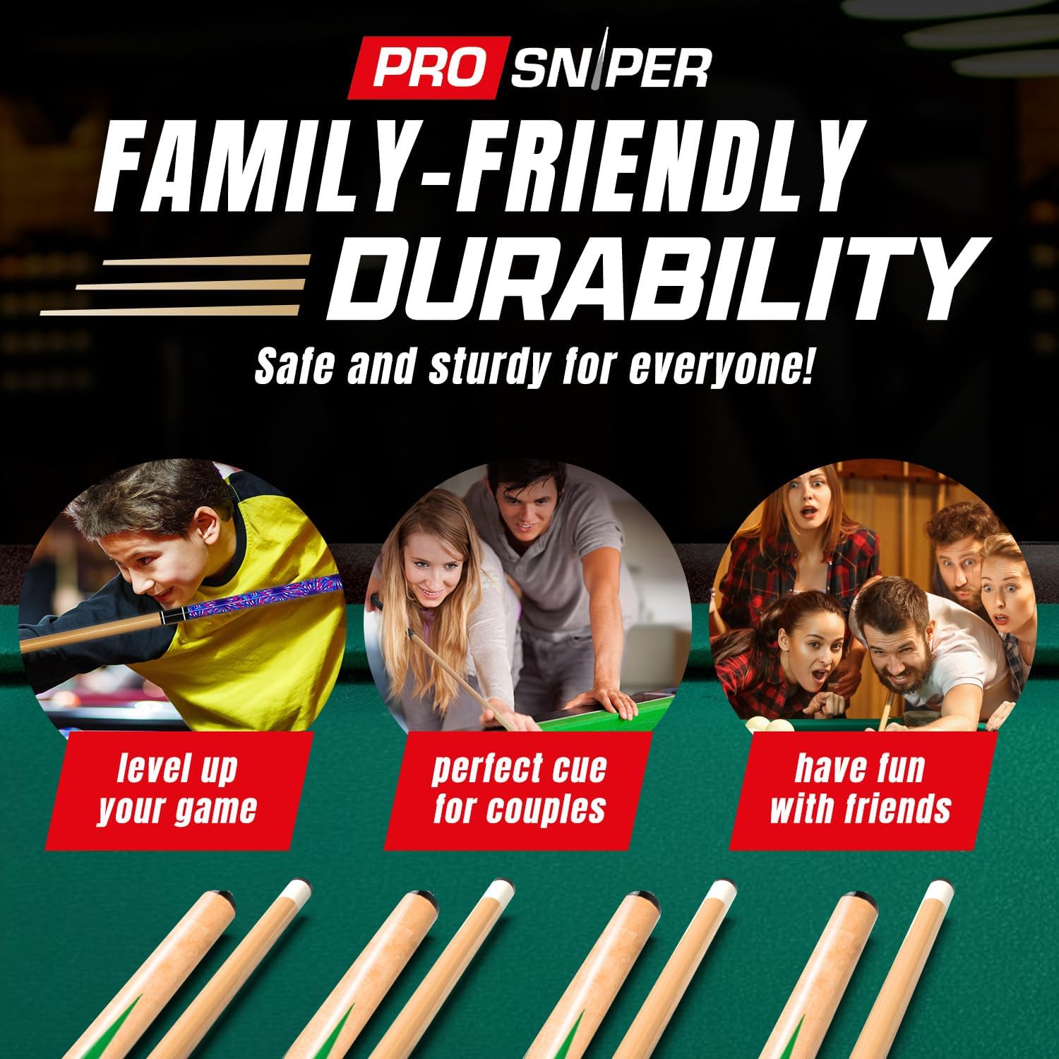 Prosniper Premium Pool Sticks Set of 4 | 58-Inch, 19-Oz Canadian Maple Pool Cue with Low-Deflection Shaft & 4 Extra Chalks | Pro-Grade Billiard Cue for Home & Bar Play