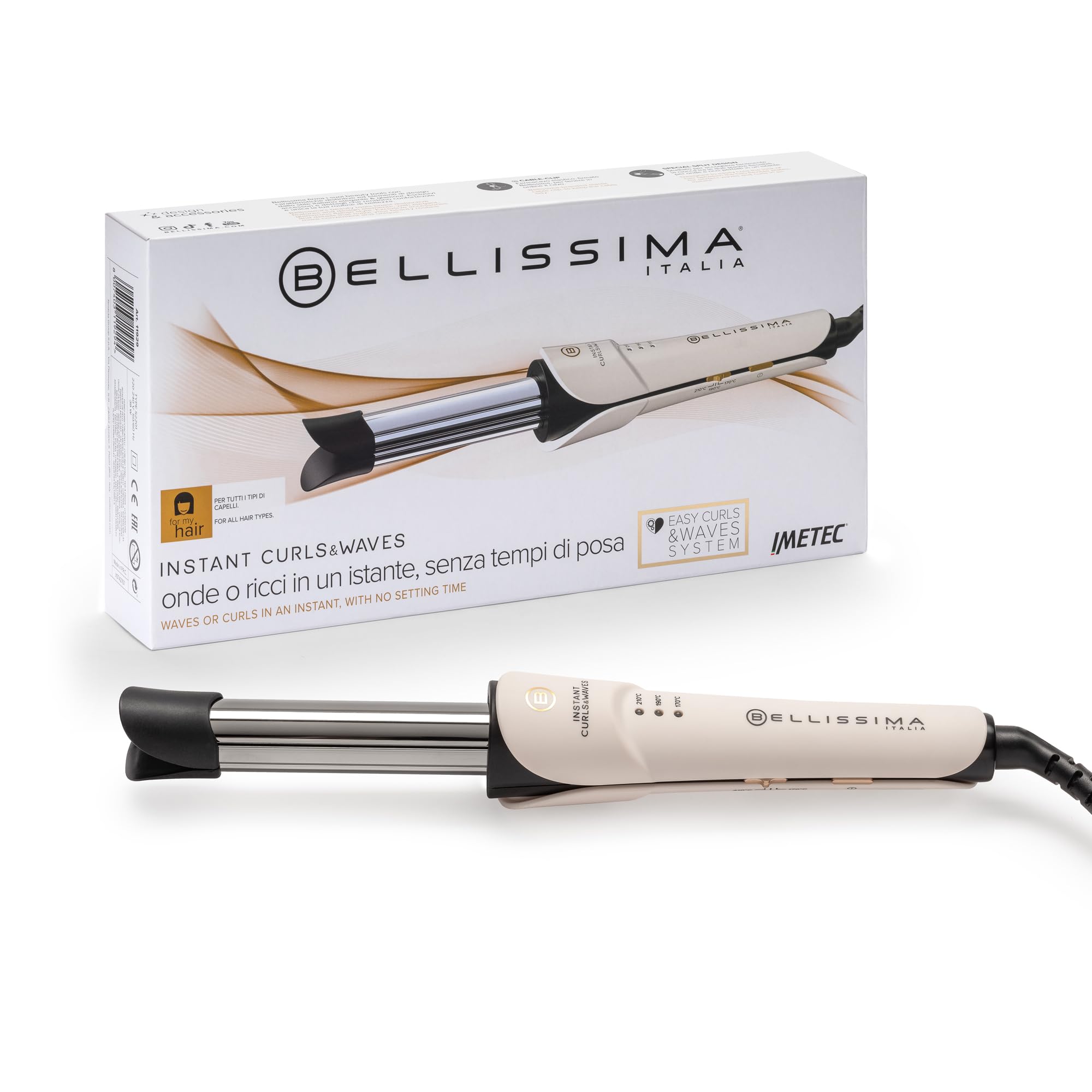 Bellissima Imetec Instant Curls & Waves Fer à Boucler pour Ondes Thermo Control Diamètre 25mm Température Réglable 170°C - 210°C Chauffage Rapide Arrêt Automatique Pince Câble