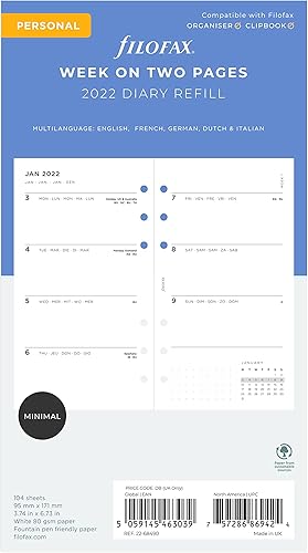 Filofax Recarga tamaño personalcompacto semanal paquete de diario mínimo papel blanco multilingüe cinco idiomas 2022 C68490-22