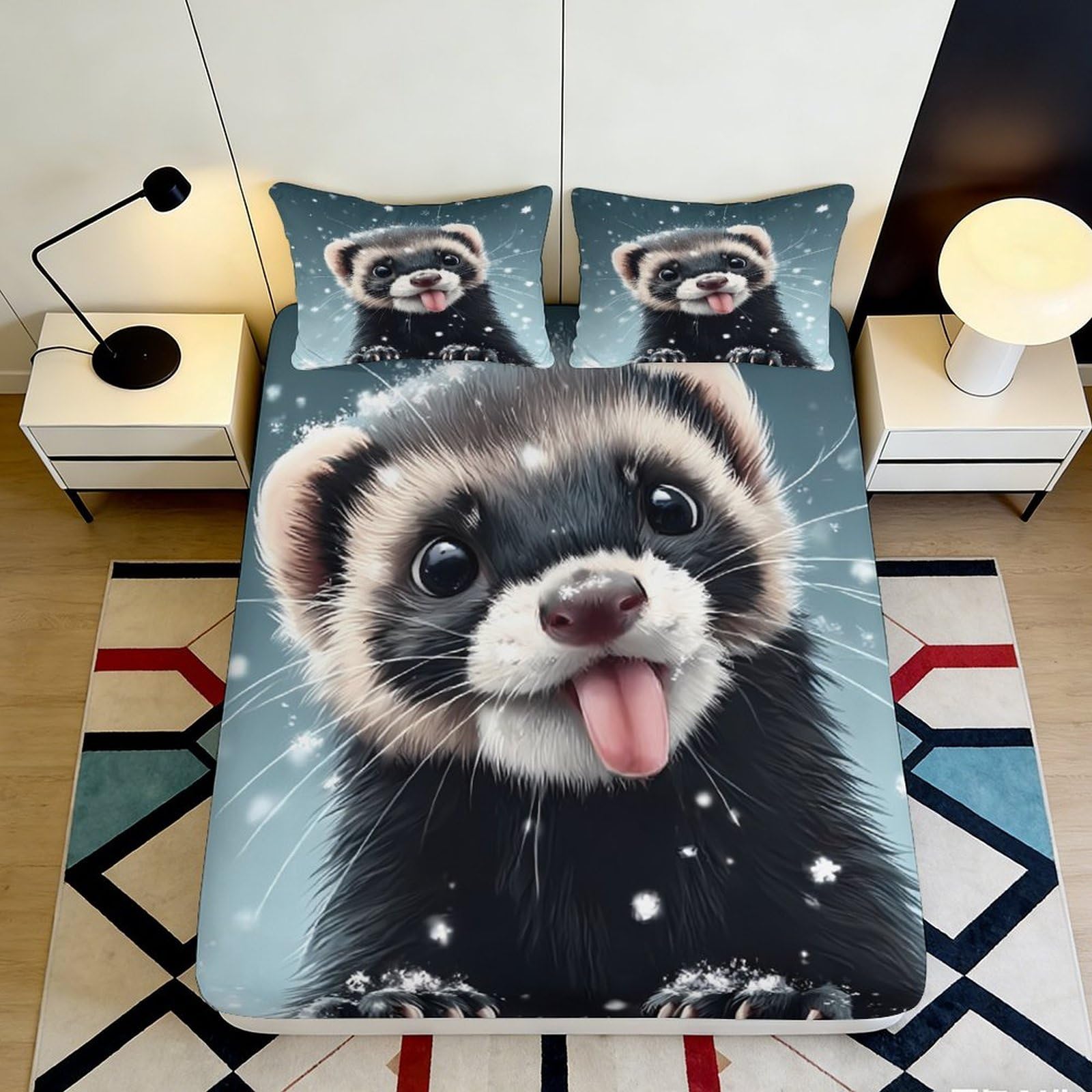 3D Printed Cute Ferret Fitted Sheet Microfiber Animal Pattern Mattress Cover for Bedroom Guest Room Dorm Decor 90x200x25cm