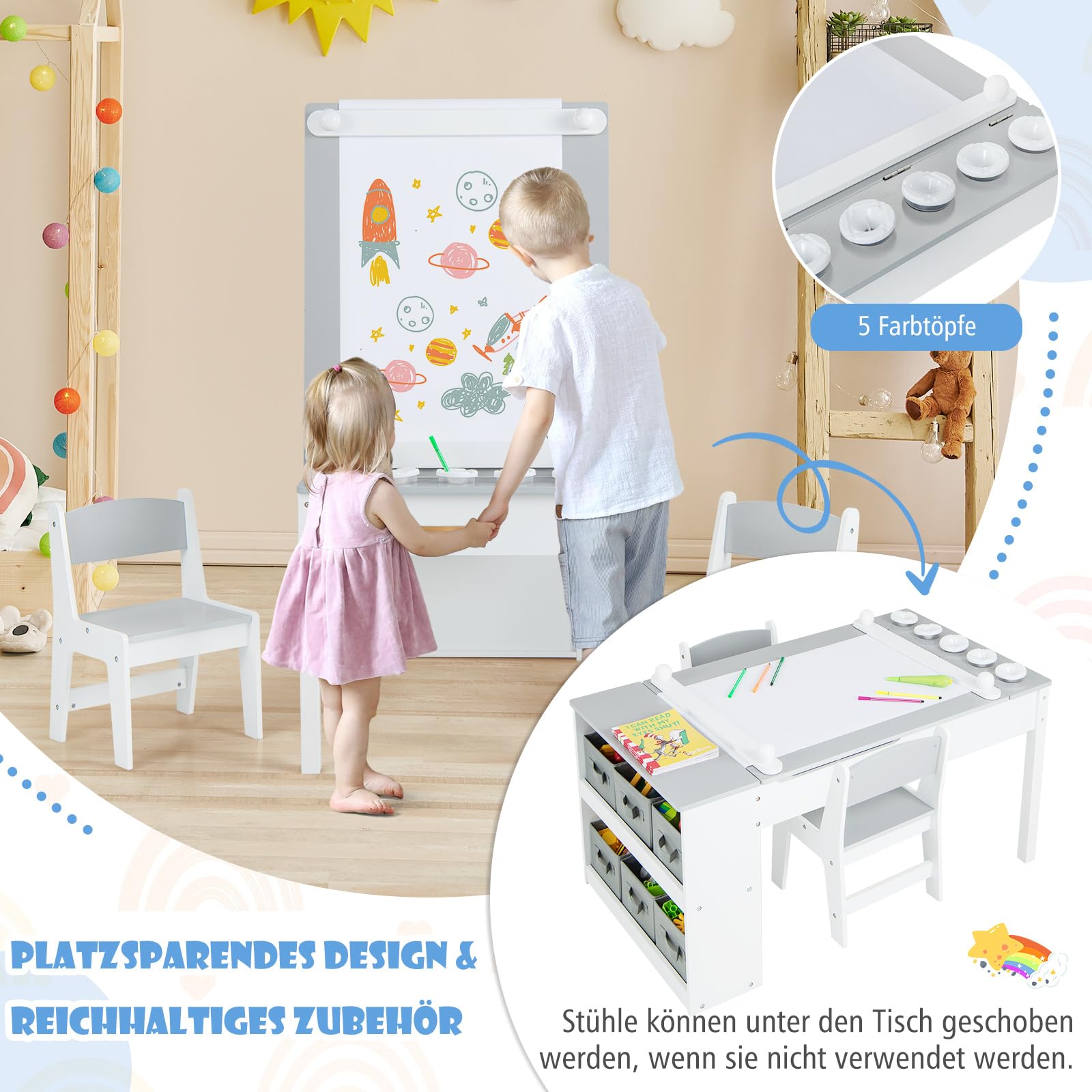COSTWAY Kindertisch mit 2 Stühlen, 3 in 1 Aktivitätstisch & Staffelei Holz mit anhebbarer Tischplatte, Farbbechern, 6 Stoffbehältern & Papierrolle, Kindersitzgruppe für ab 3 Jahren, 109x60x55cm, Grau