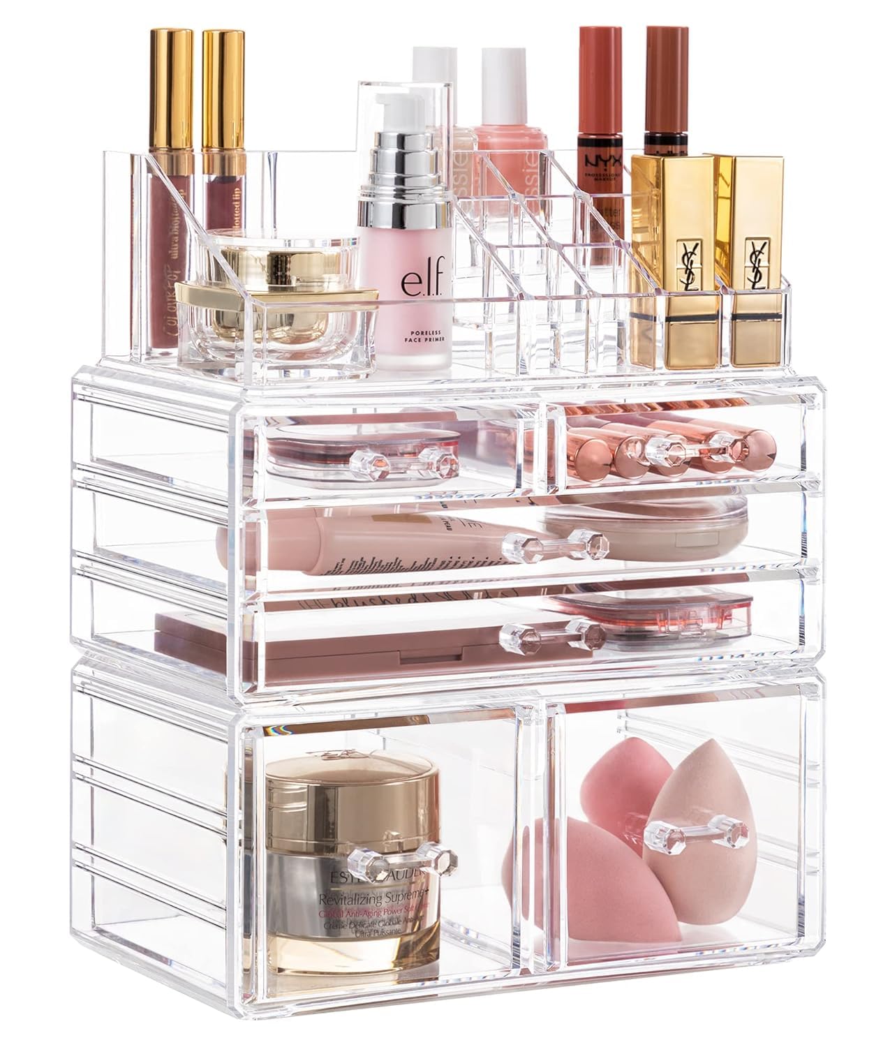 HBlife Acrylic Clear Dustproof Makeup Storage Organizer Drawers Large Skin Care Cosmetic Display Cases for Bathroom Stackable Storage Box with 6 Drawers for Vanity