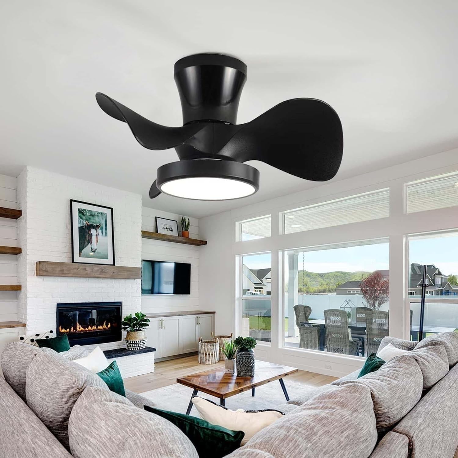 HXYSXHJUO Ceiling fan light 55CM Memory Function and Remote Control Reversible 6-Speed Dimmable LED Silent 3 Blades - White/Black (D)