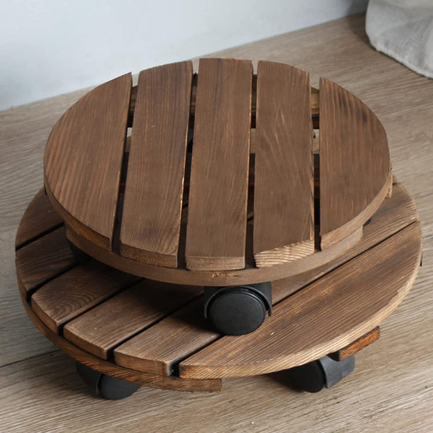 Supporto per vaso da fiori rotondo mobile in legno per piante in vaso con ruote, fioriera rustica resistente in vaso rotondo per interni ed esterni, supporto per vasi per piante per patio