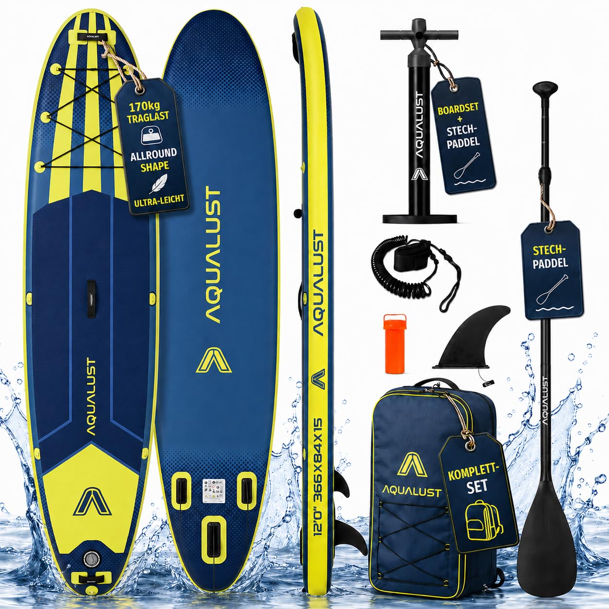 SUP Board aufblasbar Paddel Standup Paddle Stand Up Paddling | 365×84×15cm, 170 kg Traglast, Blau, Boardset mit Pumpe, Finne, Leash und Rucksack