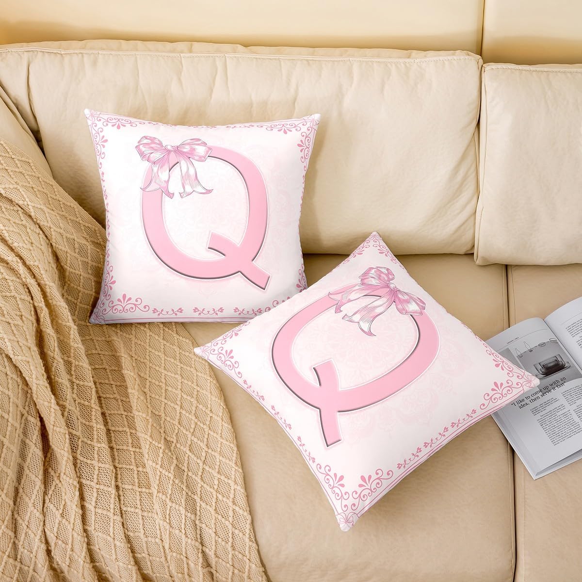 Manfei Pink Letter Q Throw Pillow Cover Princess Bowknot Double Sides Pillow Case for Kids Boys Girls,Watercolor Floral Bow Cushion Cover for Bed Couch Sofa,1 Pack 24"x24"