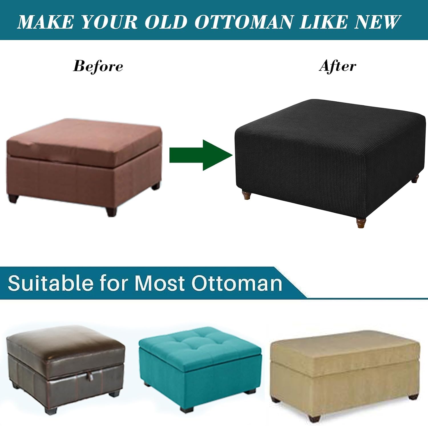 ANWUCHEN Ottoman Cover Square-Stretch Knitted Jacquard Square Ottoman Cover -Soft Square Ottoman Covers Slipcover -Thick Storage Ottoman Cover Foot Stool Cover with Elastic Bottom Large Black