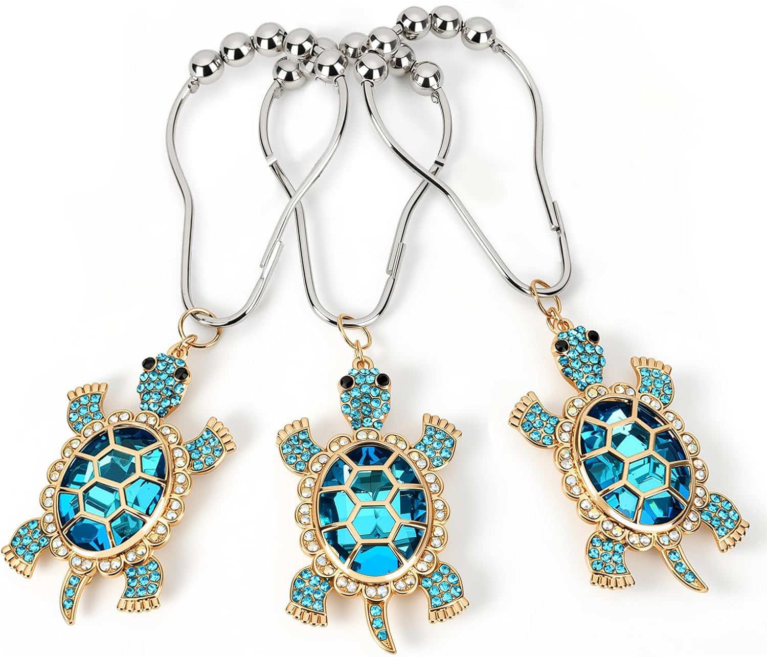 Sapphire Sea Turtle Rings Decorative Shower Curtain Hooks Set,12 PCS,Roller Ball, Stainless Steel,Cute Ocean Animal Decor, Beach Shower Rings,Rustproof,Bathroom, Blue & Golden & Rhinestone