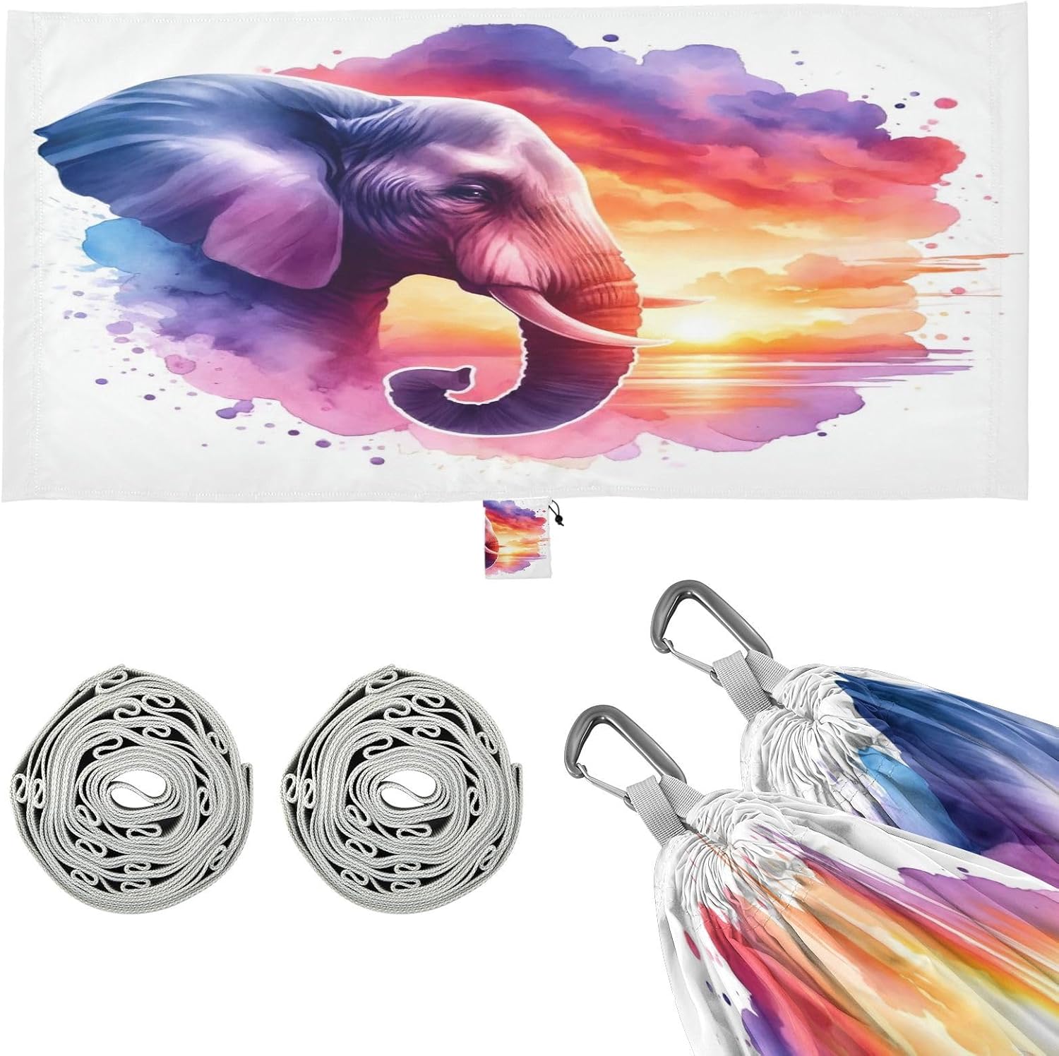 ALAZA Elephant Portrait Sunset Watercolor Camping Hammocks Single or 2 Person 500 lbs Portable Parachute Travel Hammock w/Tree Straps for Hiking Backpacking Indoor Outdoor