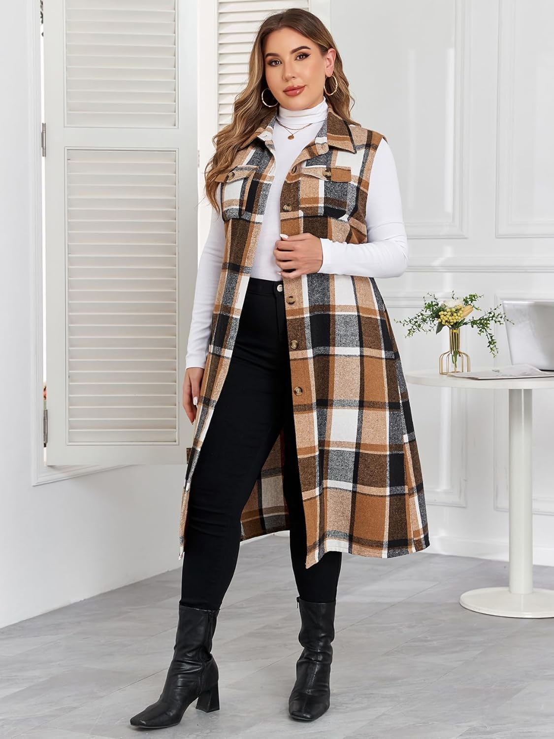 ZOMVA Plus Size 1X-5X Flannel Plaid Long Midi Vest with Pockets Button Down Sleeveless Shacket Coats Fall Outfits Jackets - Image 4