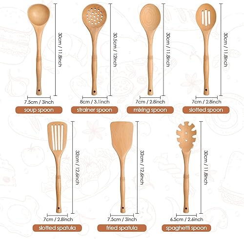 Miniatura 2 de comfoyar Cucharas de madera para cocinar, juego de 7 utensilios de cocina con espátula y cucharón, utensilios de cocina resistentes al calor para