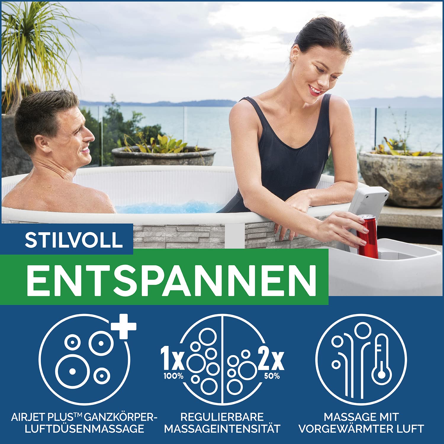 Bestway® Lay-Z-SPA® Vancouver AirJet Plus™ WiFi Whirlpool, 155 x 60 cm, mit App-Steuerung, 3-5 Personen, rund, Stein-Optik | mit App-Steuerung, 3-5 Personen, rund, Stein-Optik