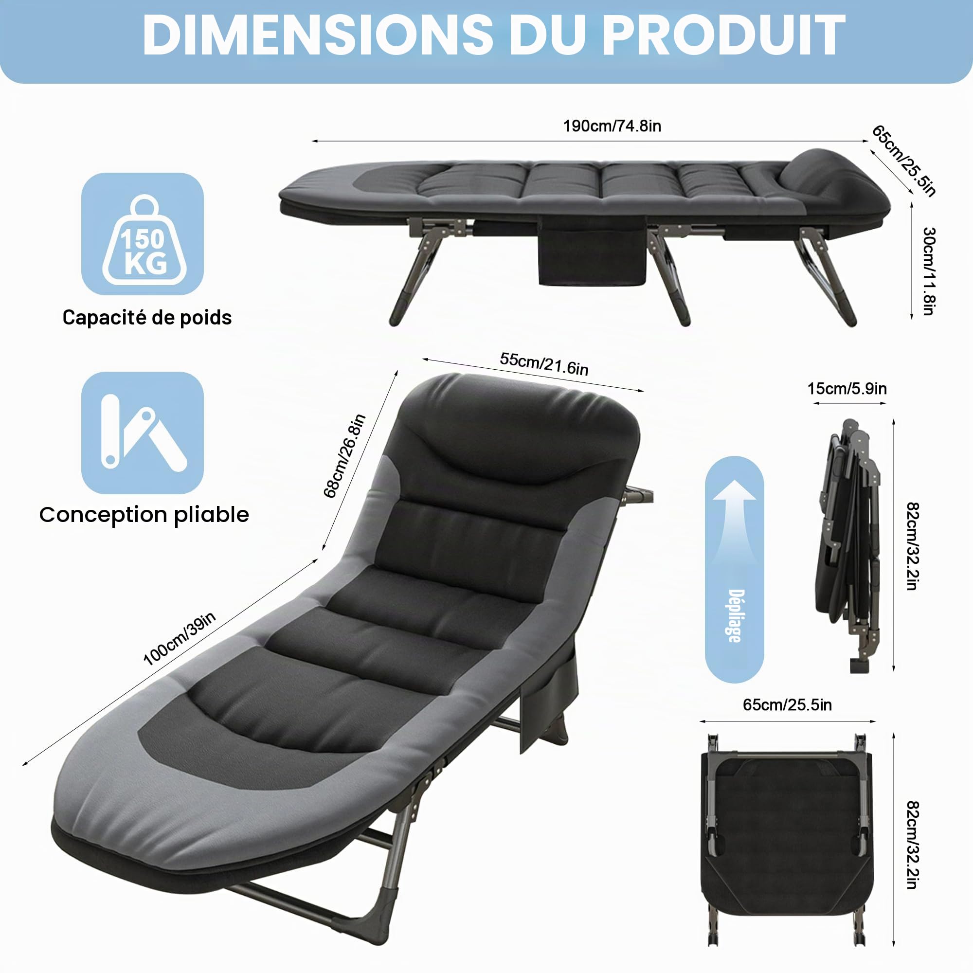 Lit de Camping Pliable 1 Personne XXL, Chaise de Camping Extra Large, 190 x 65 x 30 cm, 6 Dossiers Réglables, Charge Jusqu'à 150 kg - pour Intérieur, Extérieur, Jardin, Pêche