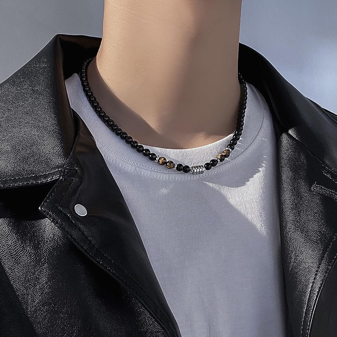 Collana da Uomo in Pietre e Cristalli, Collana da Uomo con Perle di Pietre Naturali e Cristalli, Collana in occhio di tigre e ossidiana