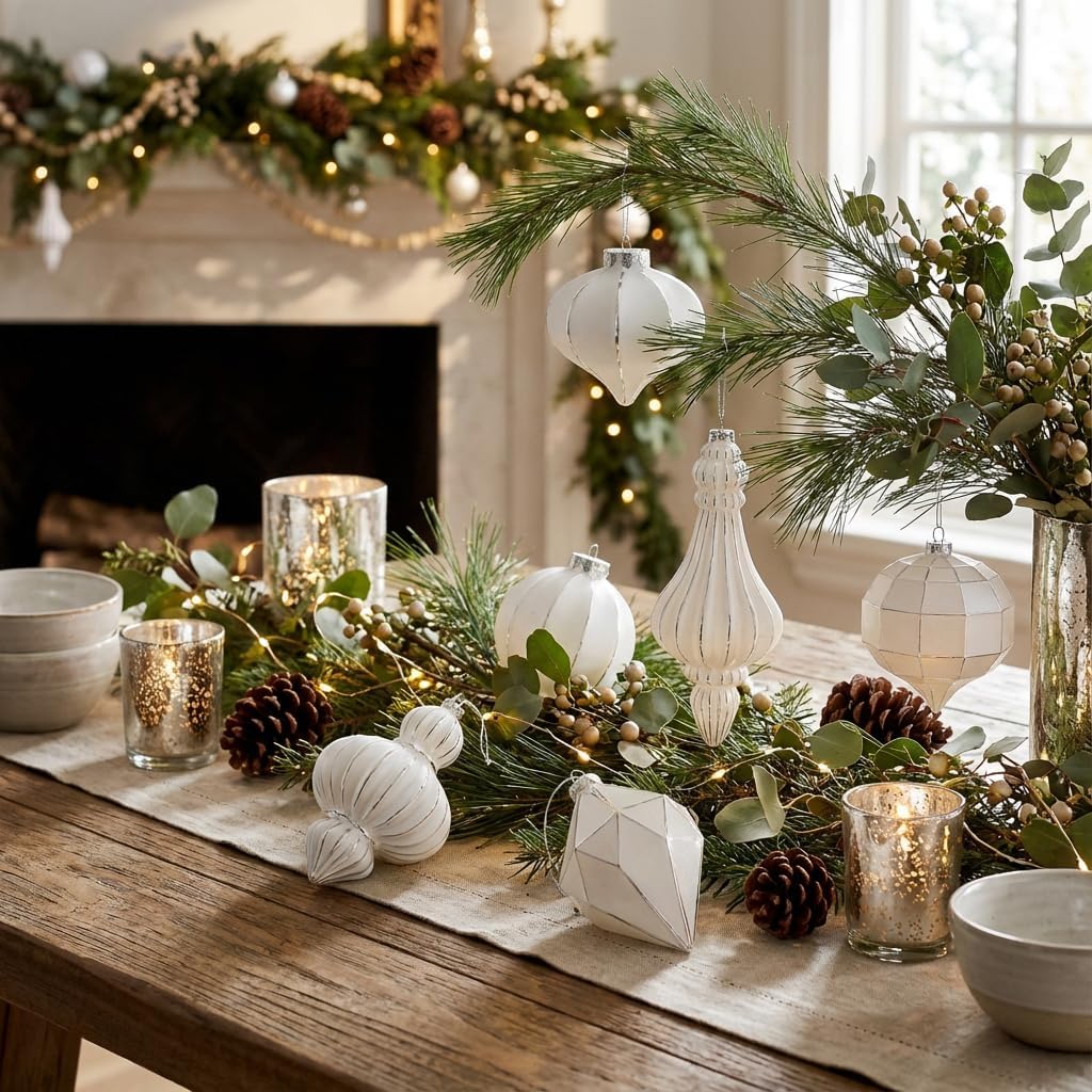 Valery Madelyn Glass Christmas Ornaments Set, 8ct White and Silver Hanging Ornaments for Christmas Trees, Elegant Xmas Decorations Ball Ornaments Bulk for Holiday Decor