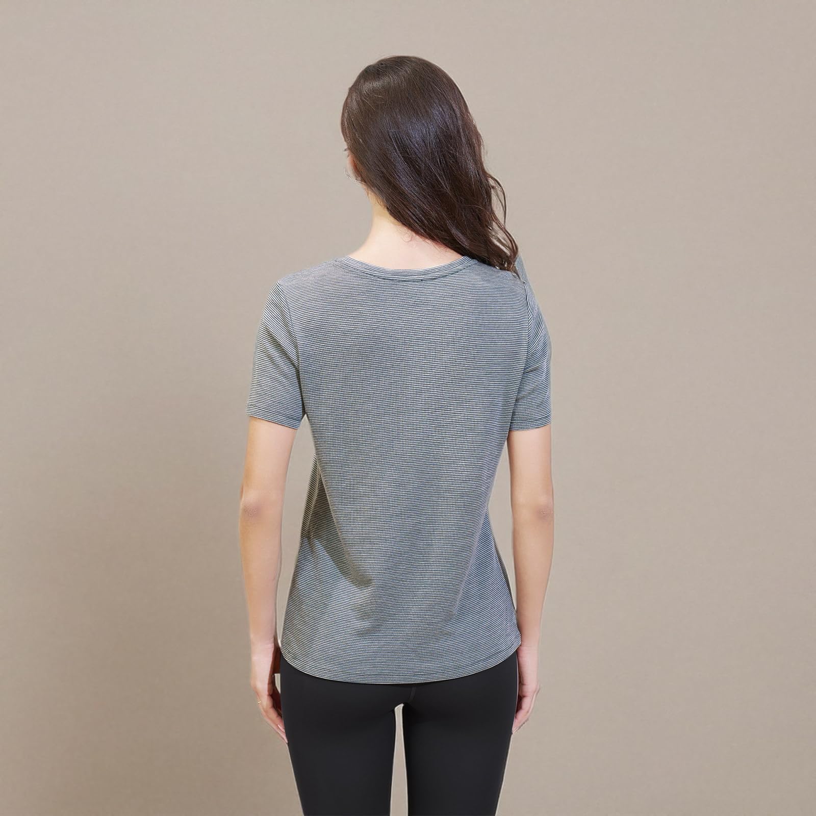 Merino Protect 100% Merino Shirt Damen Kurzarm V-Ausschnitt Geruchsabweisendes T-Shirt Merinowolle Unterwäsche Komfort Merino Wolle Tshirt Unterhemd (Staubblaue Streifen,X-Large)
