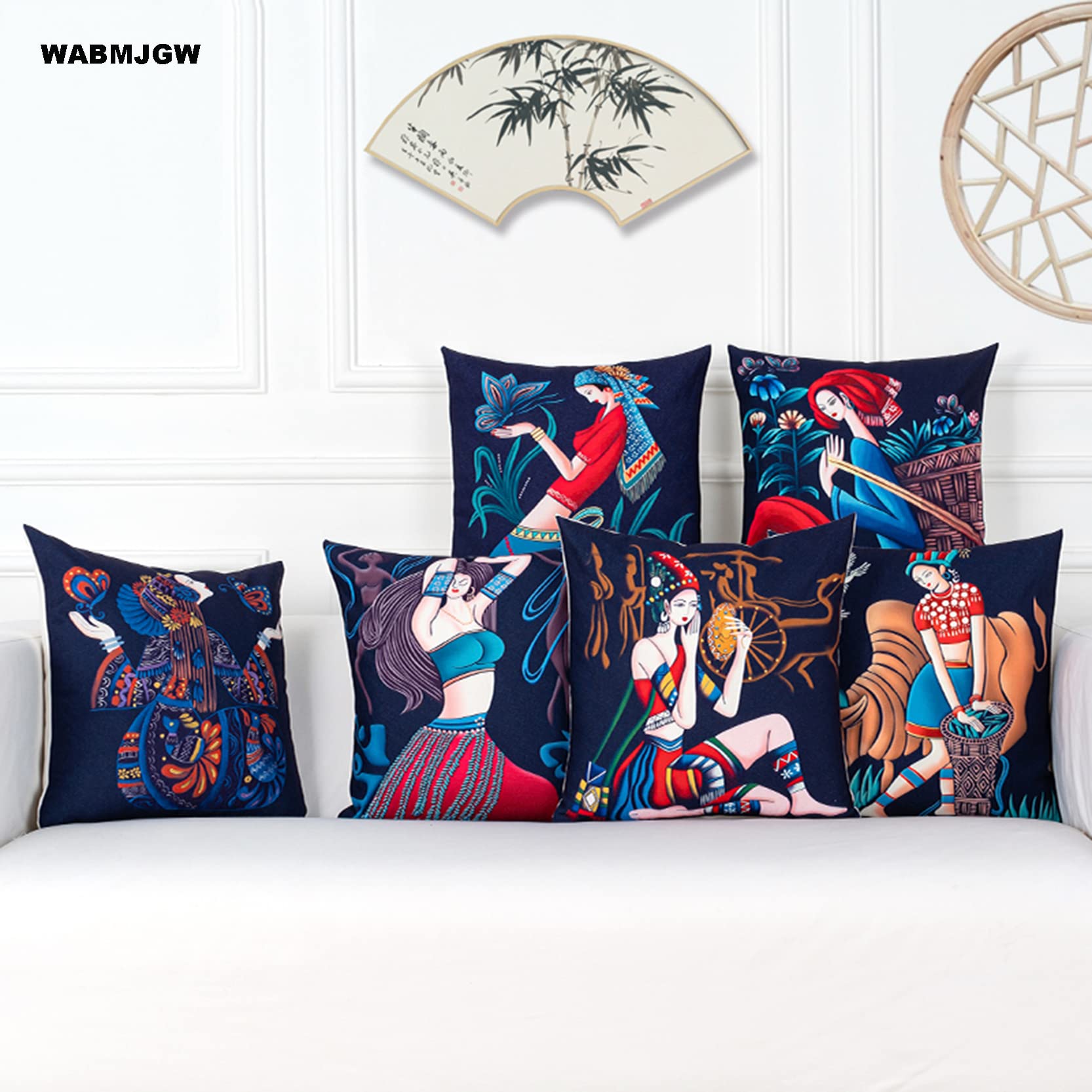 Funda de Almohada Decorativa Seda Estilo Chino, Funda cojín Yunnan Dai, 2 Piezas, Fundas Decorativas cuadradas Lino y algodón, decoración rústico(F)