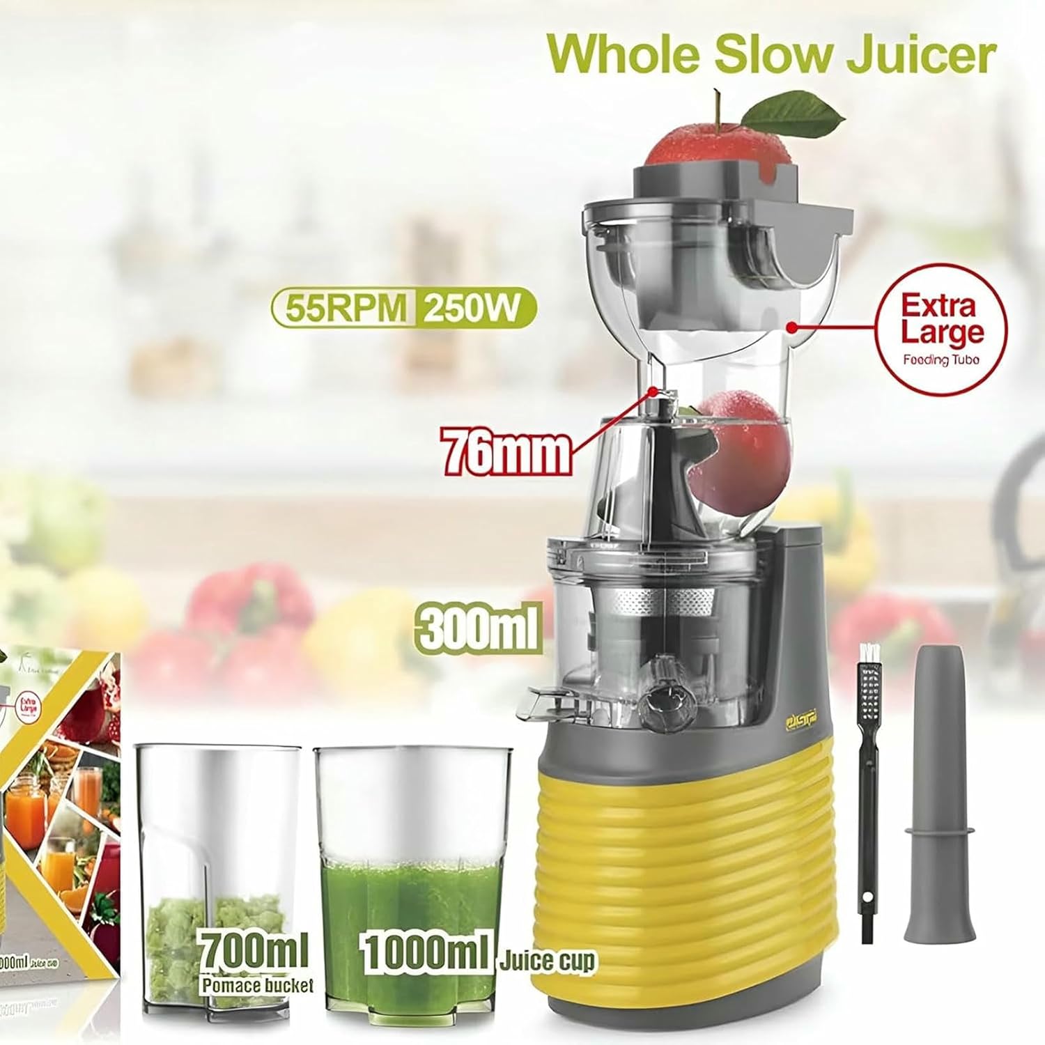 Cold Press Juicer Machine, 55RPM Slow Juicer for Fruits, Vegetables & Citrus, Large-Caliber Raw Juice Extractor-