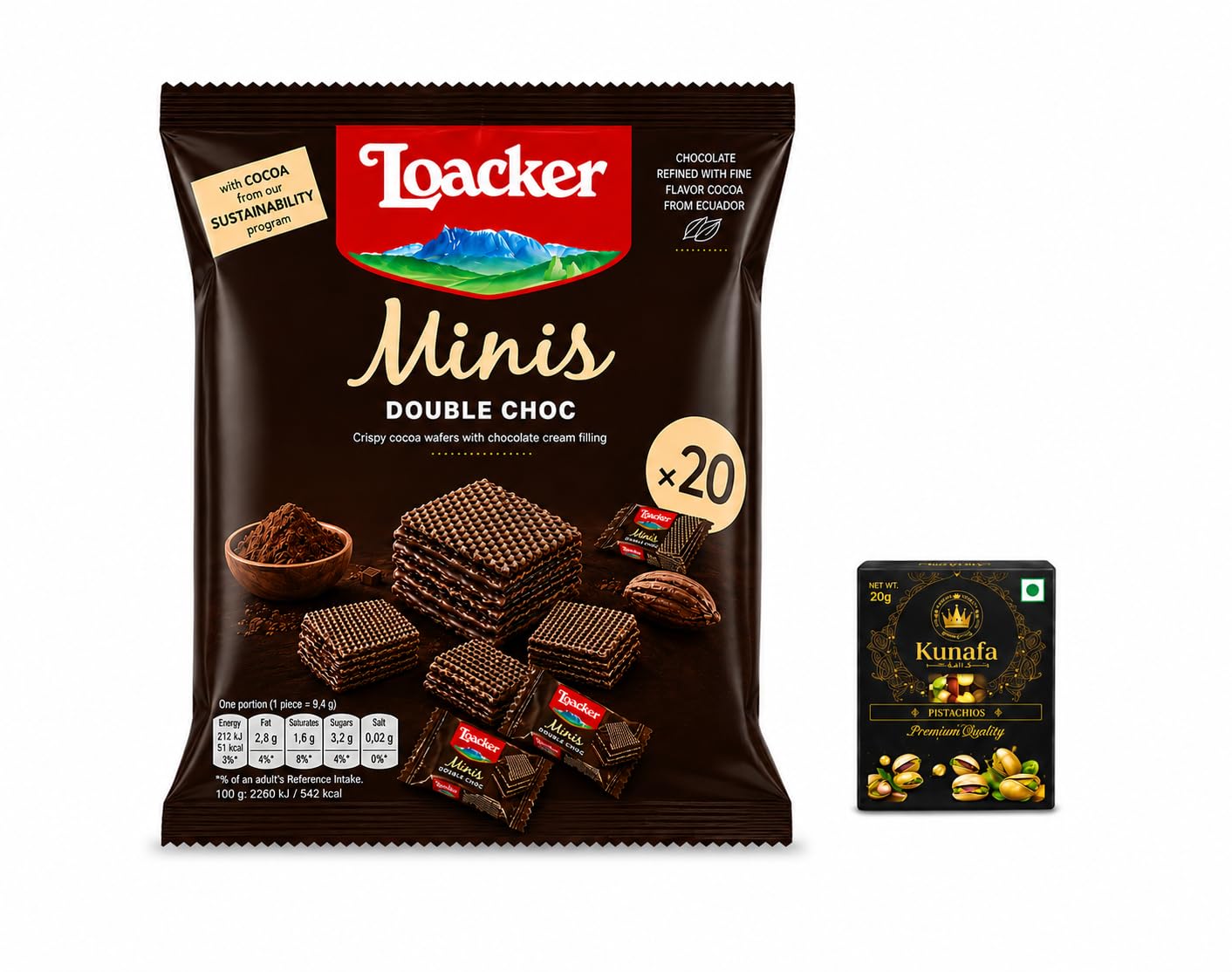 Loacker Minis Double Choc Crispy Cocoa Wafers with Chocolate Cream Filling, (20 Pieces) 200g with Free Kunafa Pistachio Chocolate Bar, 20g By Decadent Foods-image-34