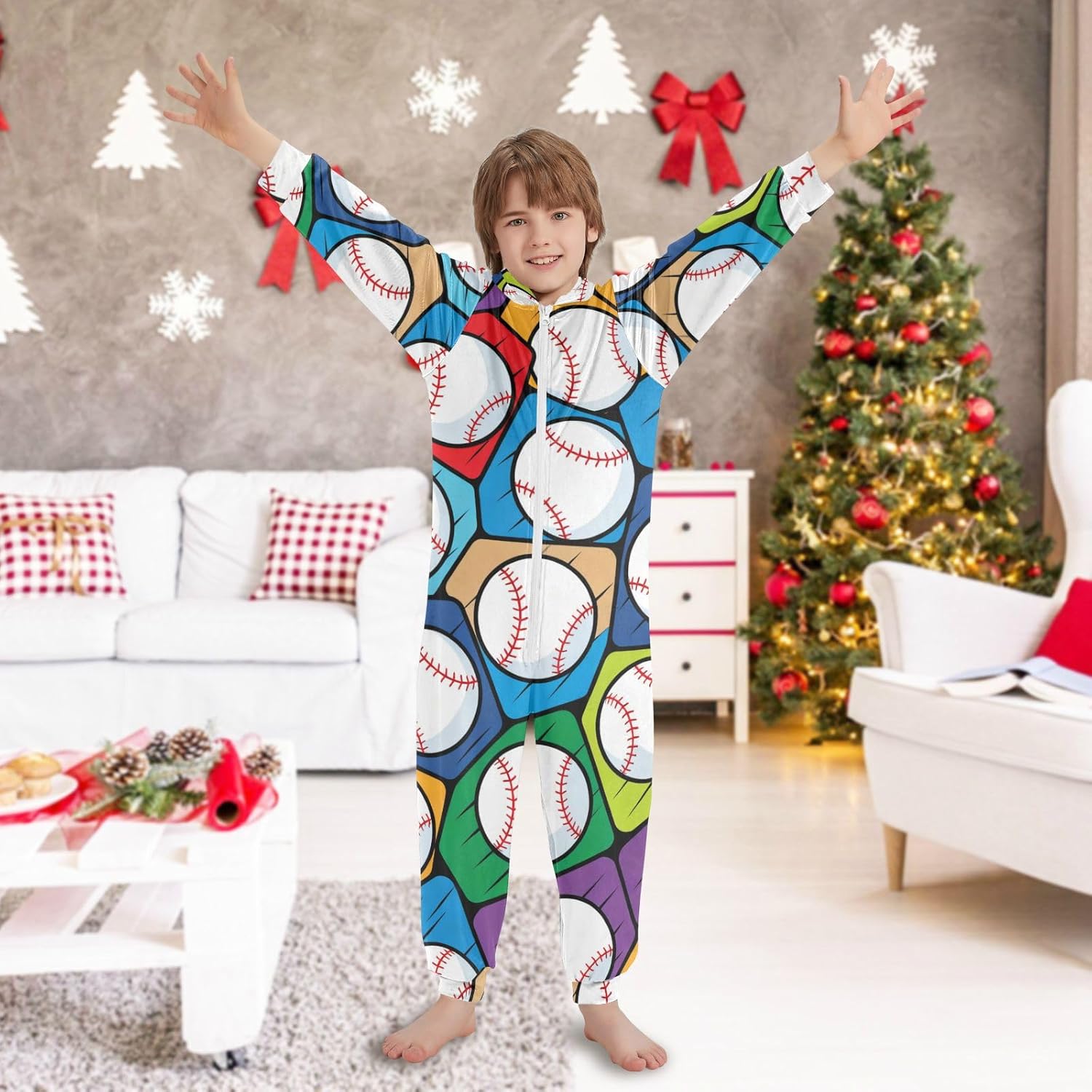 Cartoon Colorful BaseballOnesie PajamasLong Sleeve Hooded One-Piecing Costumefor Christmas Home