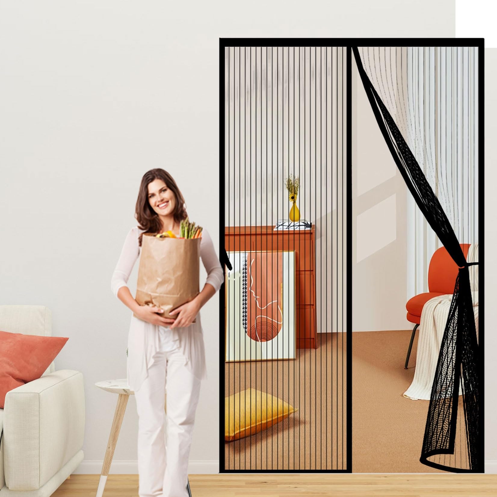 Magnet Fliegengitter Balkontür 150 x 192 cm Extra Starke Magnete Magnet-Verschluss Insektenschutz Vorhang mit Selbstklebendes Klettband für Balkontür/Terrassentür, Schwarz