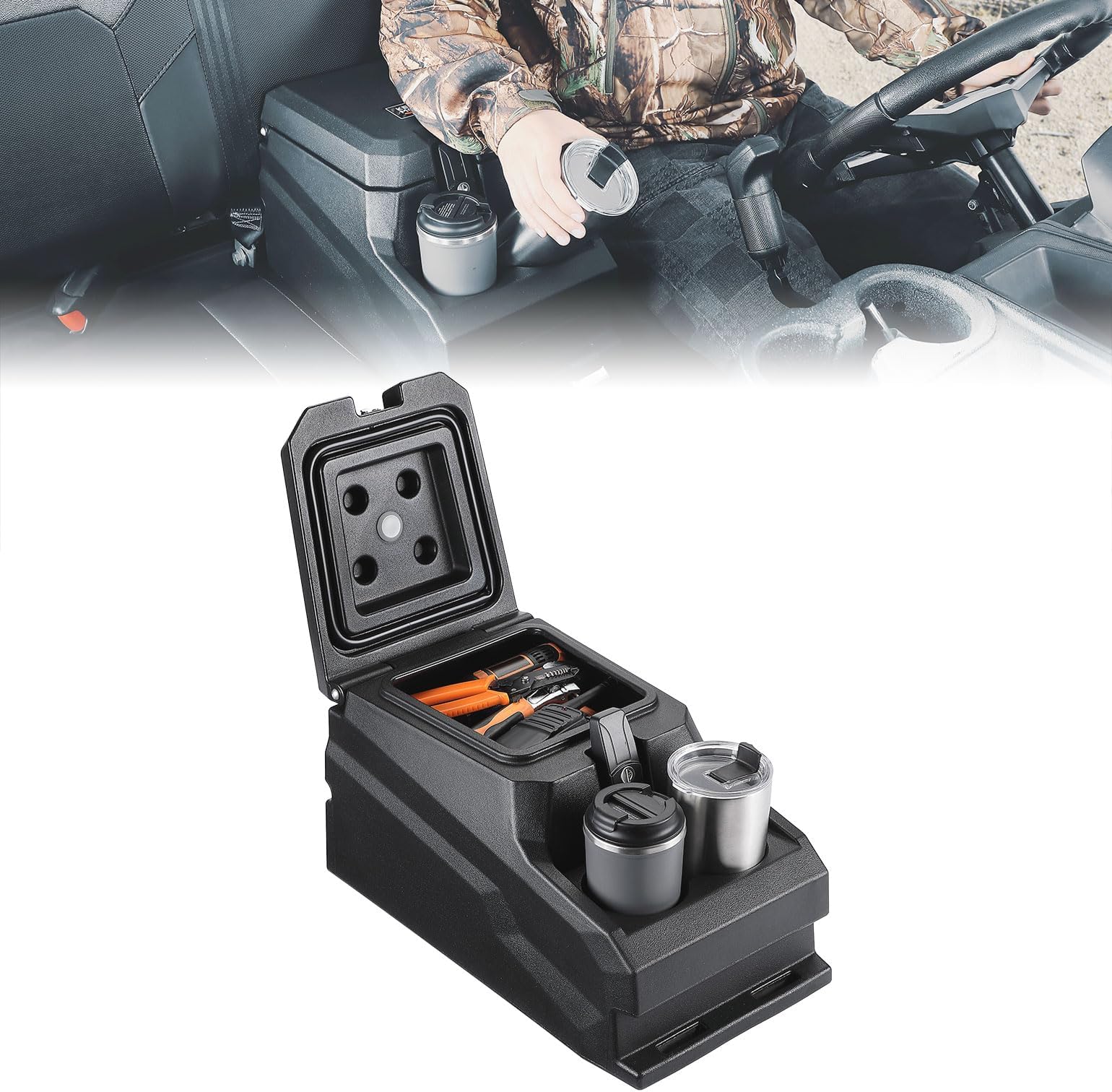 KEMIMOTO UTV Center Console Bench Seat Box Compatible with Polaris Ranger 1000 900 /XP/Crew, Uforce U10 600 800, Kawasaki Mule, Pionner 700 1000, Gator Seat Armrest Storage Box w/Cup Holders