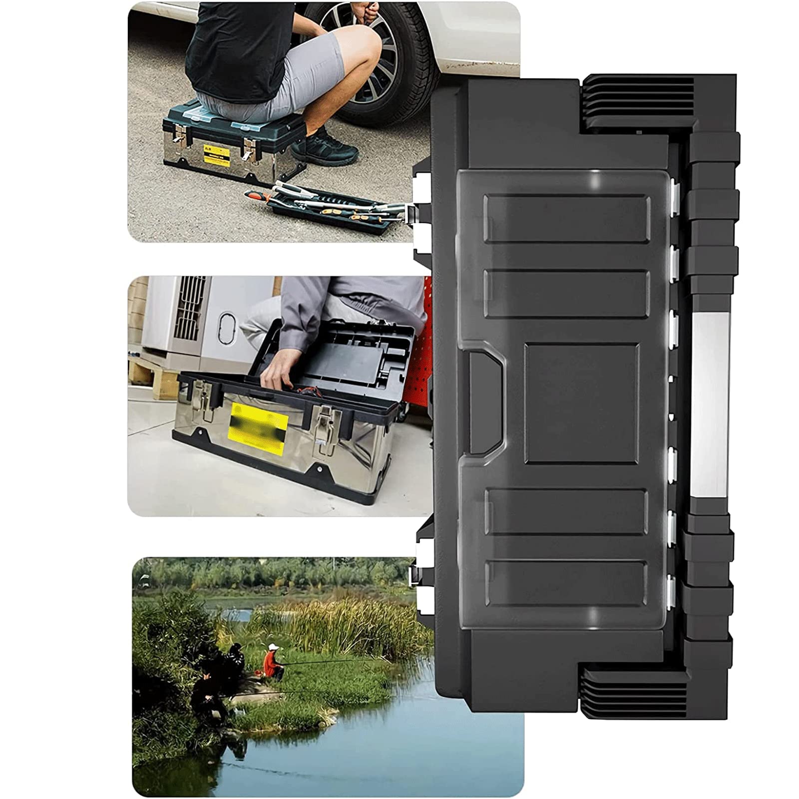 LIOONS Cassetta portautensili Cassette portautensili in Acciaio Inossidabile Kit portautensili Portatile con Vassoio Estraibile Organizzatore Set di Attrezzi con Custodia a Manico Lungo