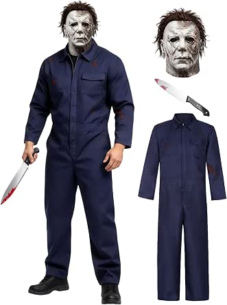 Adult Men's Horror Killer Costume with Bloodstained Jumpsuit, Mask, and Knife