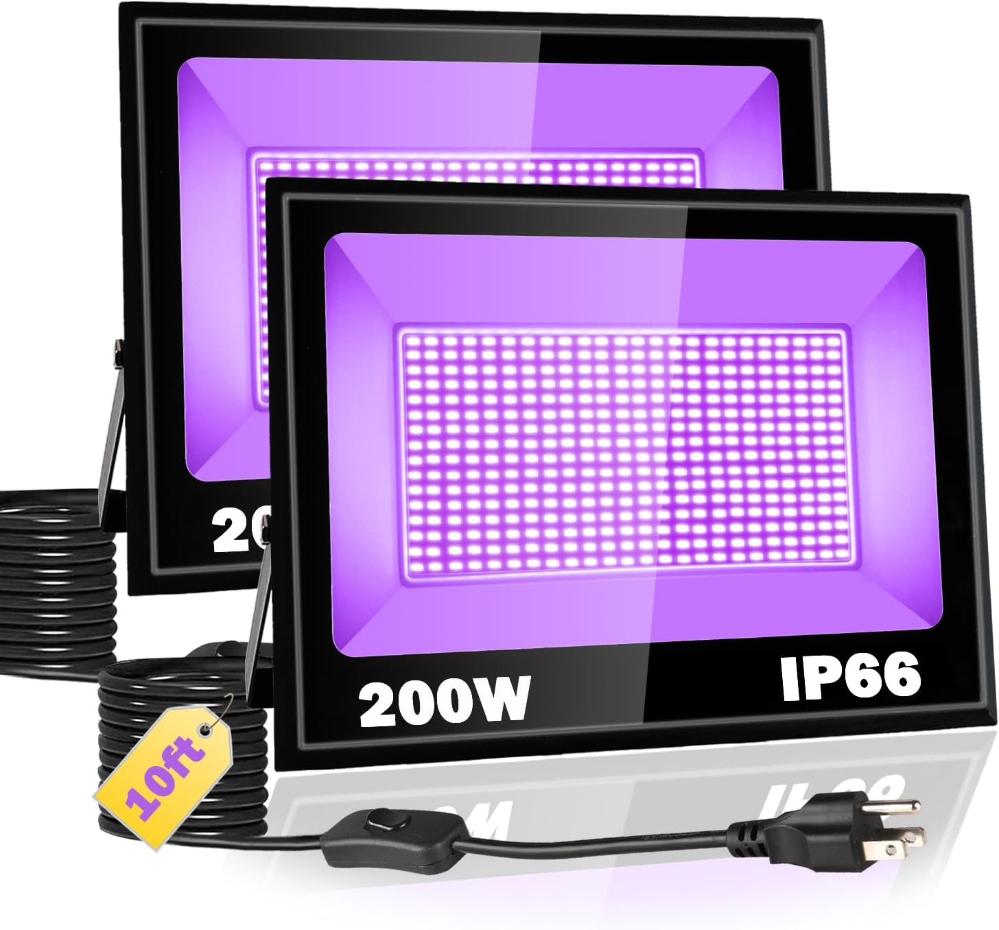 Paquete de 2 luces LED negras de 320 W, luz de inundación de luz negra con enchufe e interruptor, IP66 impermeable para exteriores, luz negra para